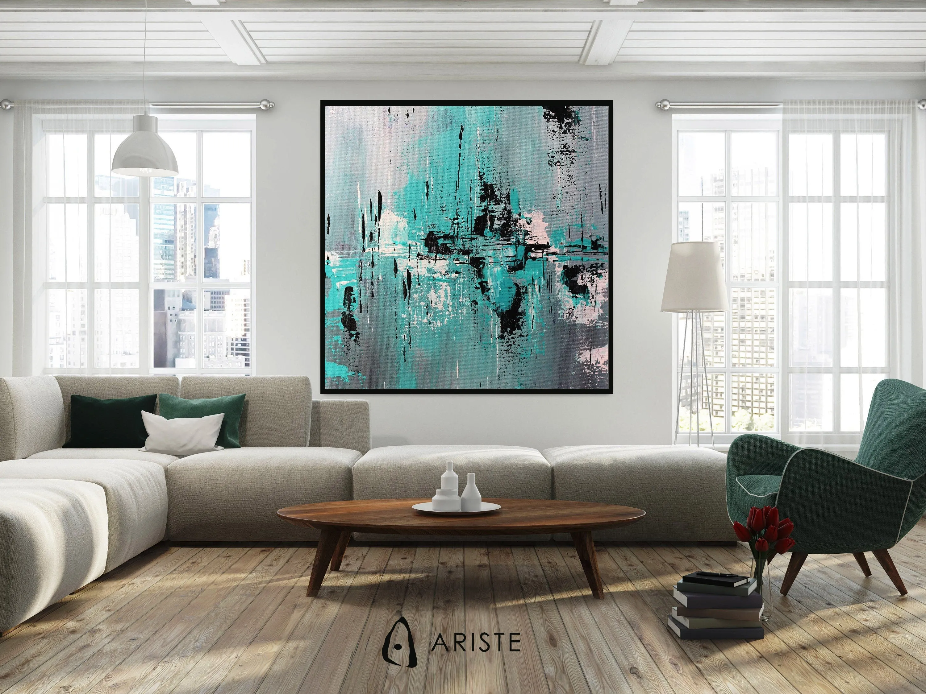 Neutral & teal abstract oversize wall art made to order in a custom size