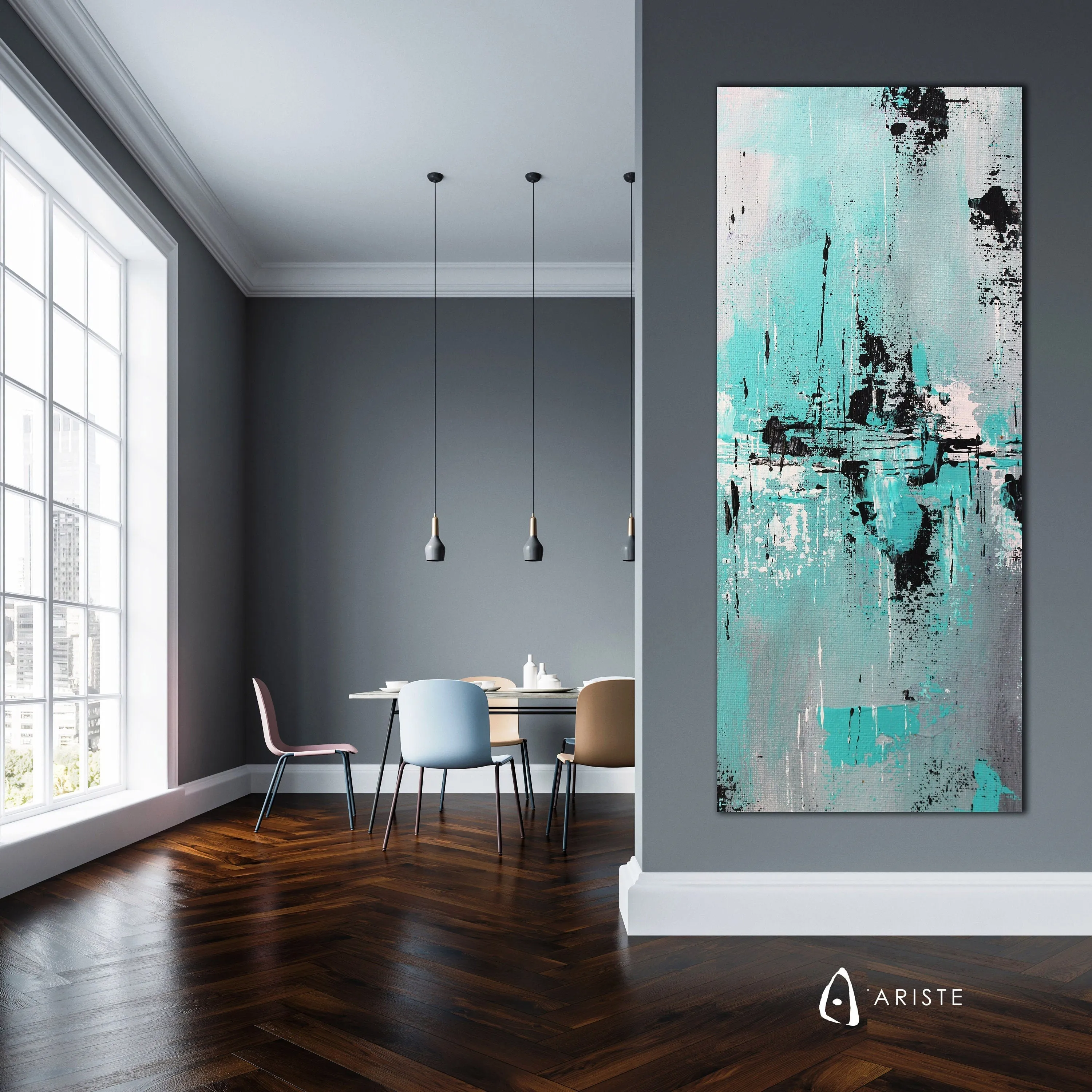 Neutral & teal abstract oversize wall art made to order in a custom size