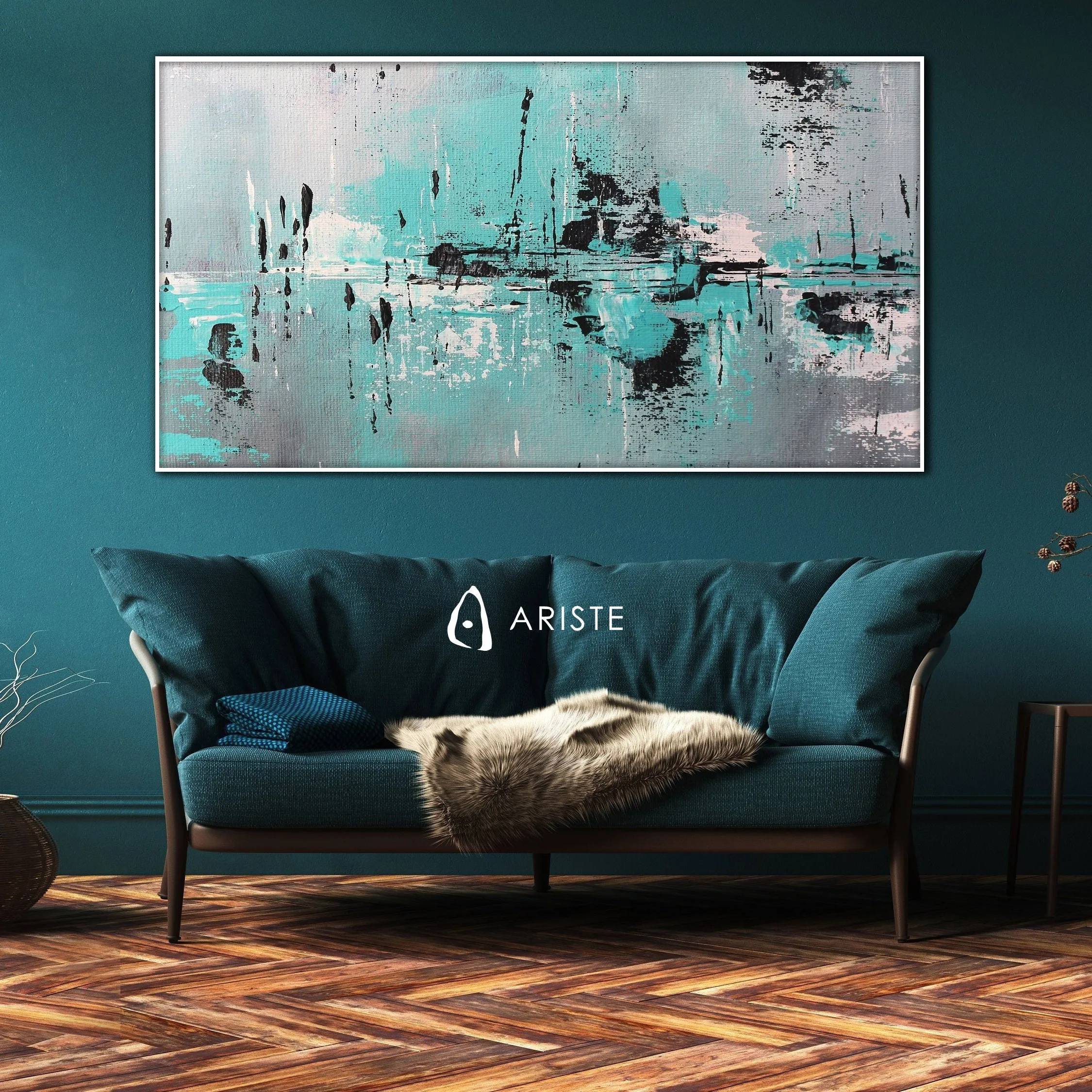 Neutral & teal abstract oversize wall art made to order in a custom size