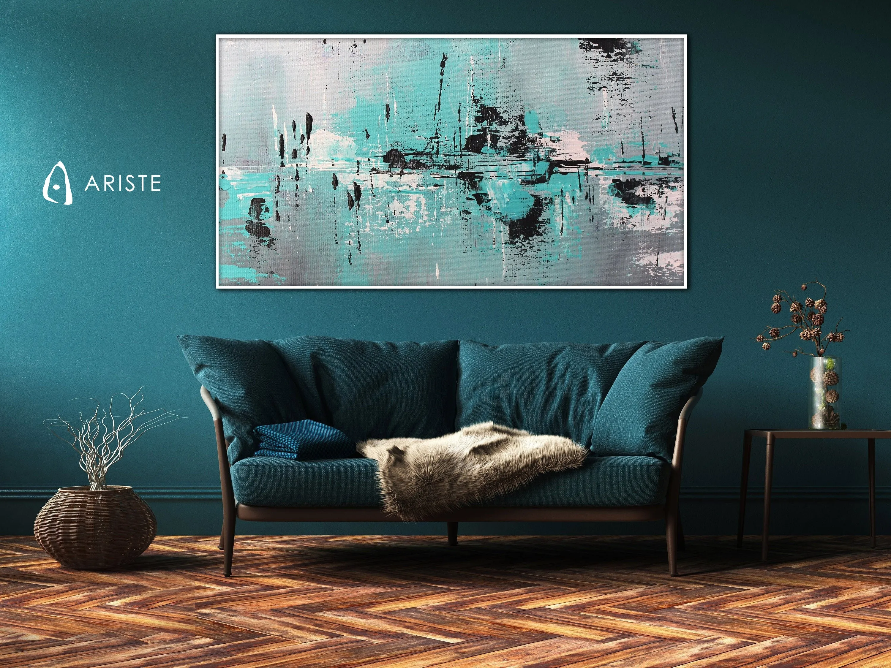 Neutral & teal abstract oversize wall art made to order in a custom size