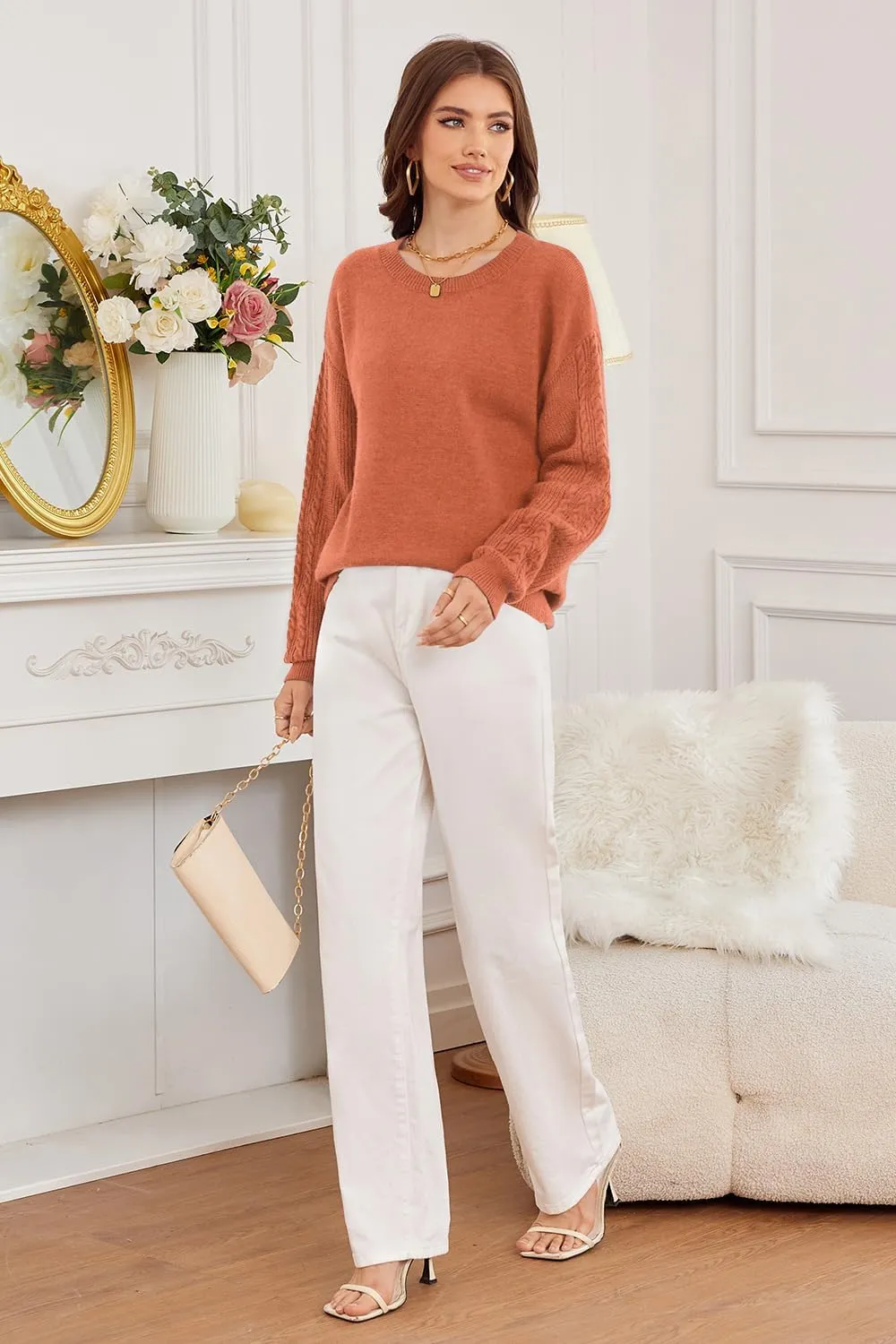 Newshows Womens 2024 Fall Sweater Wool Crewneck Winter Fashion Cable Knit Long Sleeve Business Casual Outfits Pullover Tops