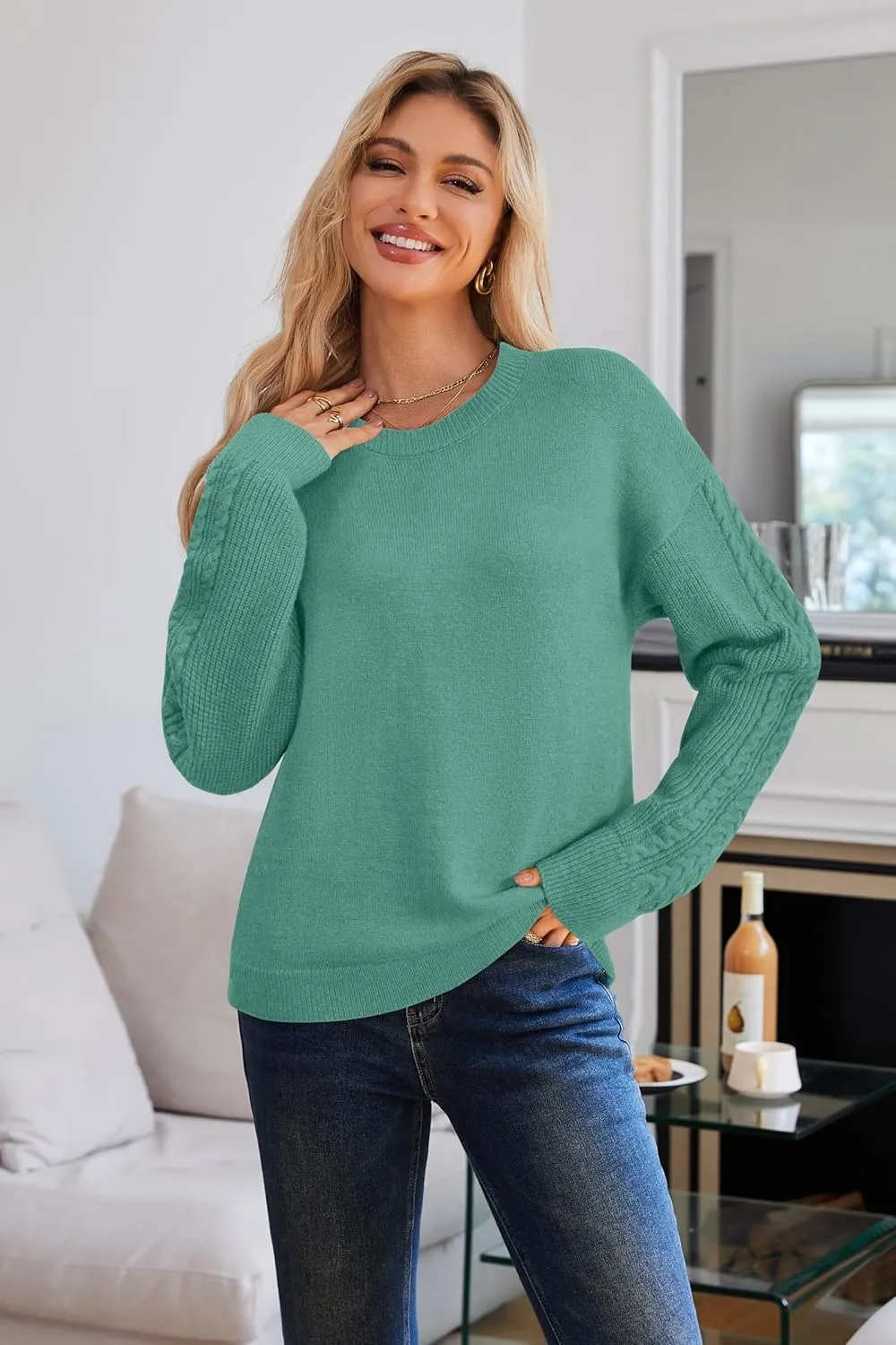 Newshows Womens 2024 Fall Sweater Wool Crewneck Winter Fashion Cable Knit Long Sleeve Business Casual Outfits Pullover Tops