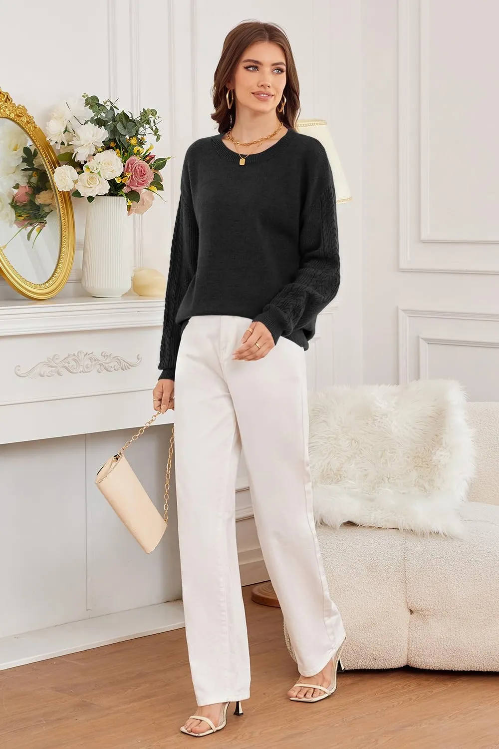 Newshows Womens 2024 Fall Sweater Wool Crewneck Winter Fashion Cable Knit Long Sleeve Business Casual Outfits Pullover Tops