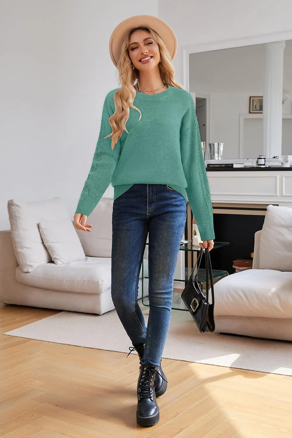 Newshows Womens 2024 Fall Sweater Wool Crewneck Winter Fashion Cable Knit Long Sleeve Business Casual Outfits Pullover Tops