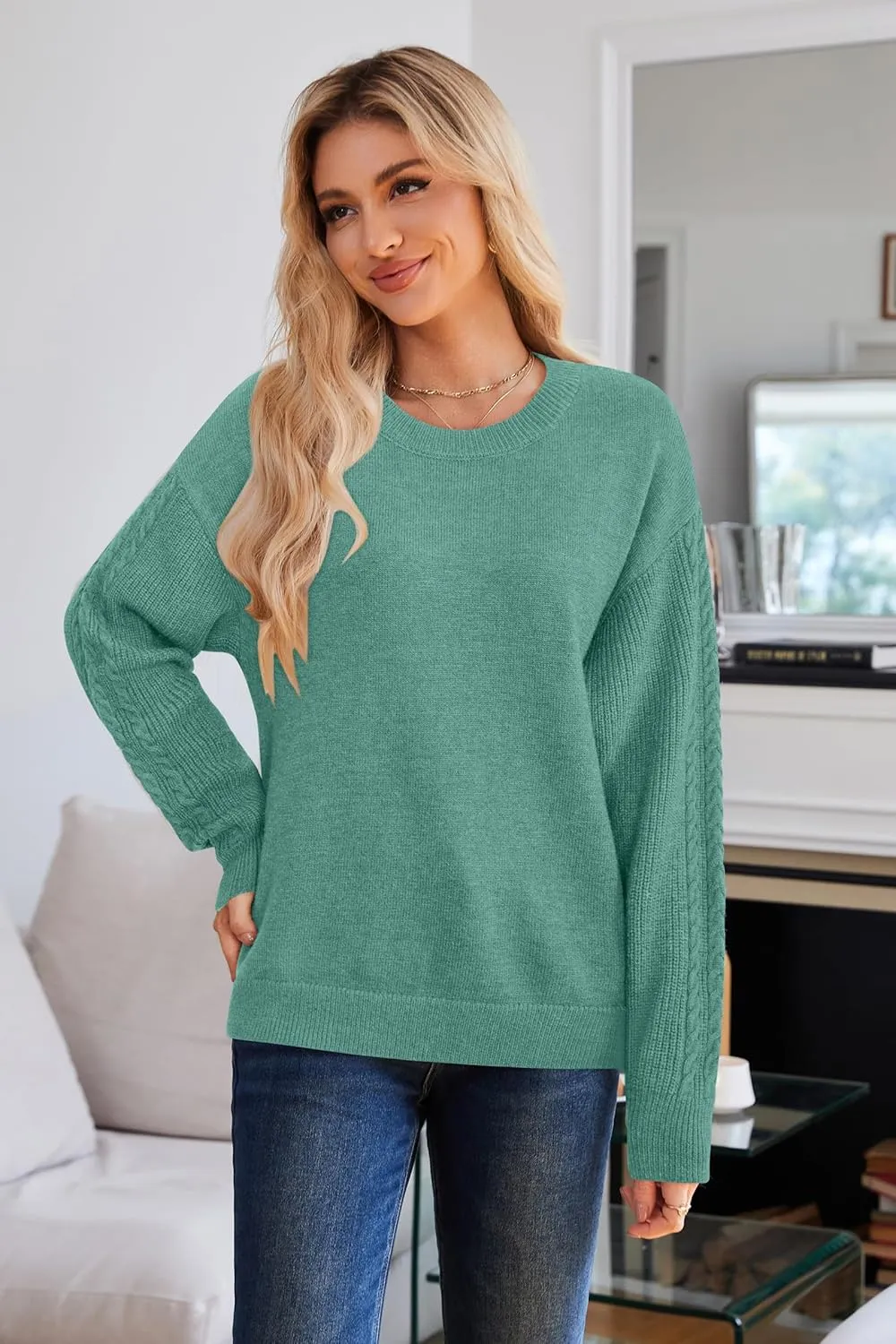 Newshows Womens 2024 Fall Sweater Wool Crewneck Winter Fashion Cable Knit Long Sleeve Business Casual Outfits Pullover Tops