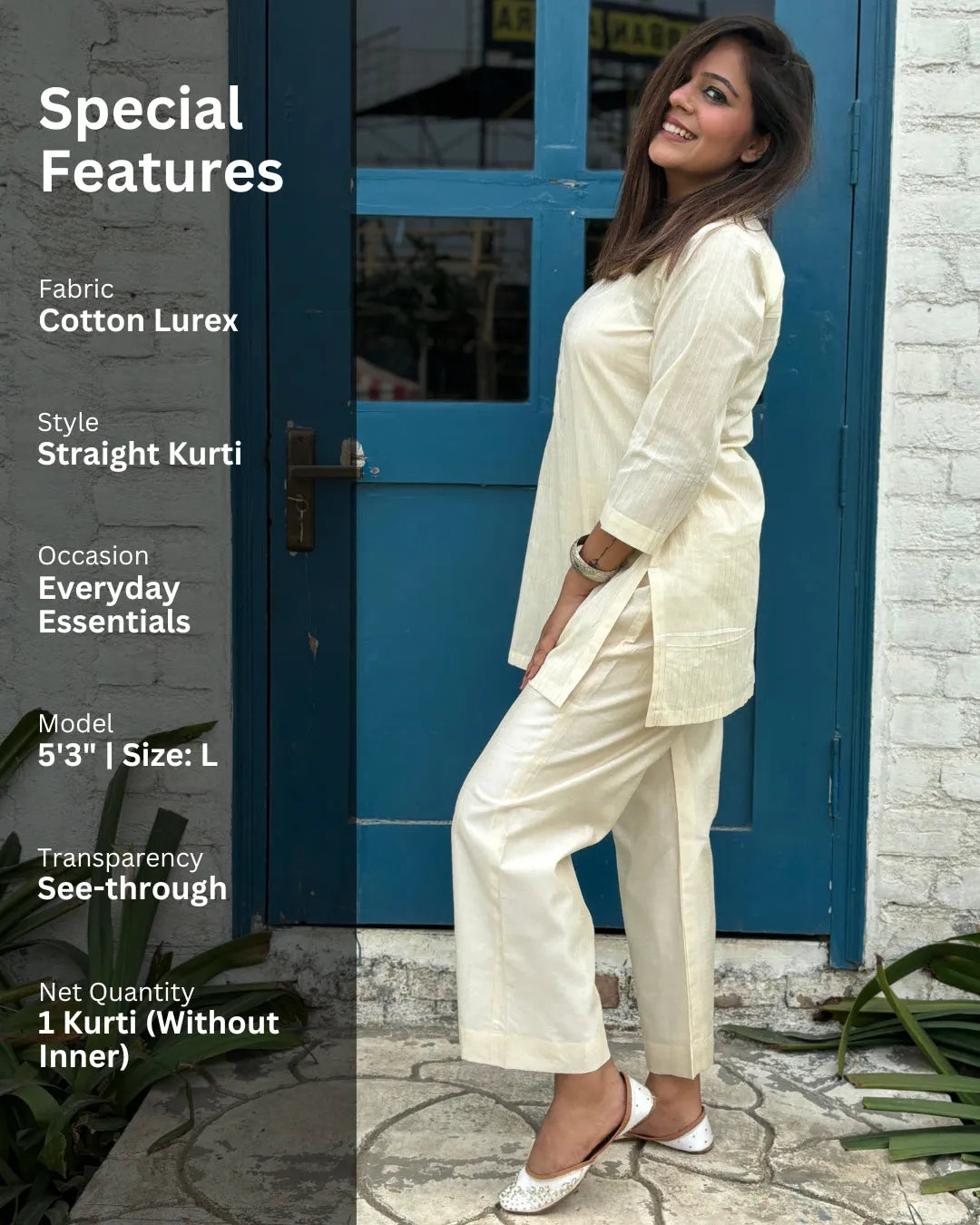 Off- White Silver Stripes Cotton Straight Kurti