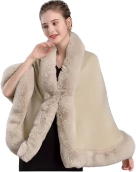 Poncho-Fur-Coat-Cape-Faux Fur-Ruana-blanket-Caplet-Wrap-Shrug-Sweater-dress shawl (Black Wool blend cape with faux fur trim)
