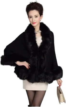 Poncho-Fur-Coat-Cape-Faux Fur-Ruana-blanket-Caplet-Wrap-Shrug-Sweater-dress shawl (Black Wool blend cape with faux fur trim)
