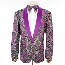 Purple Sequined Lace Modern-Fit Tuxedo Jacket