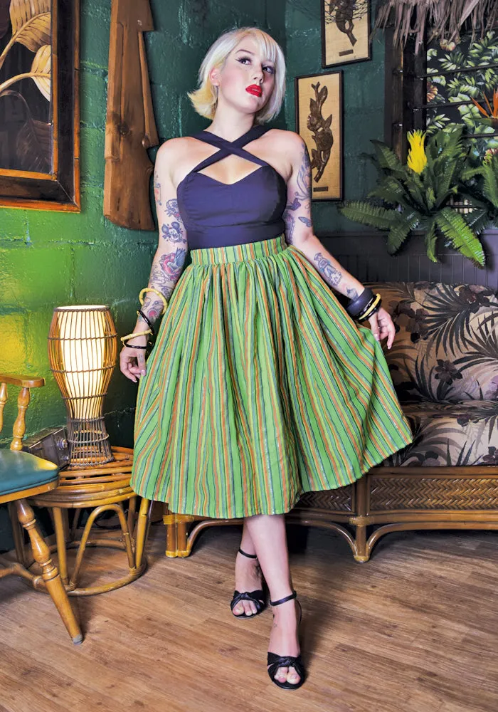 "Final Sale" Serape Striped Deluxe Beverly Gathered Skirt in Lime Green