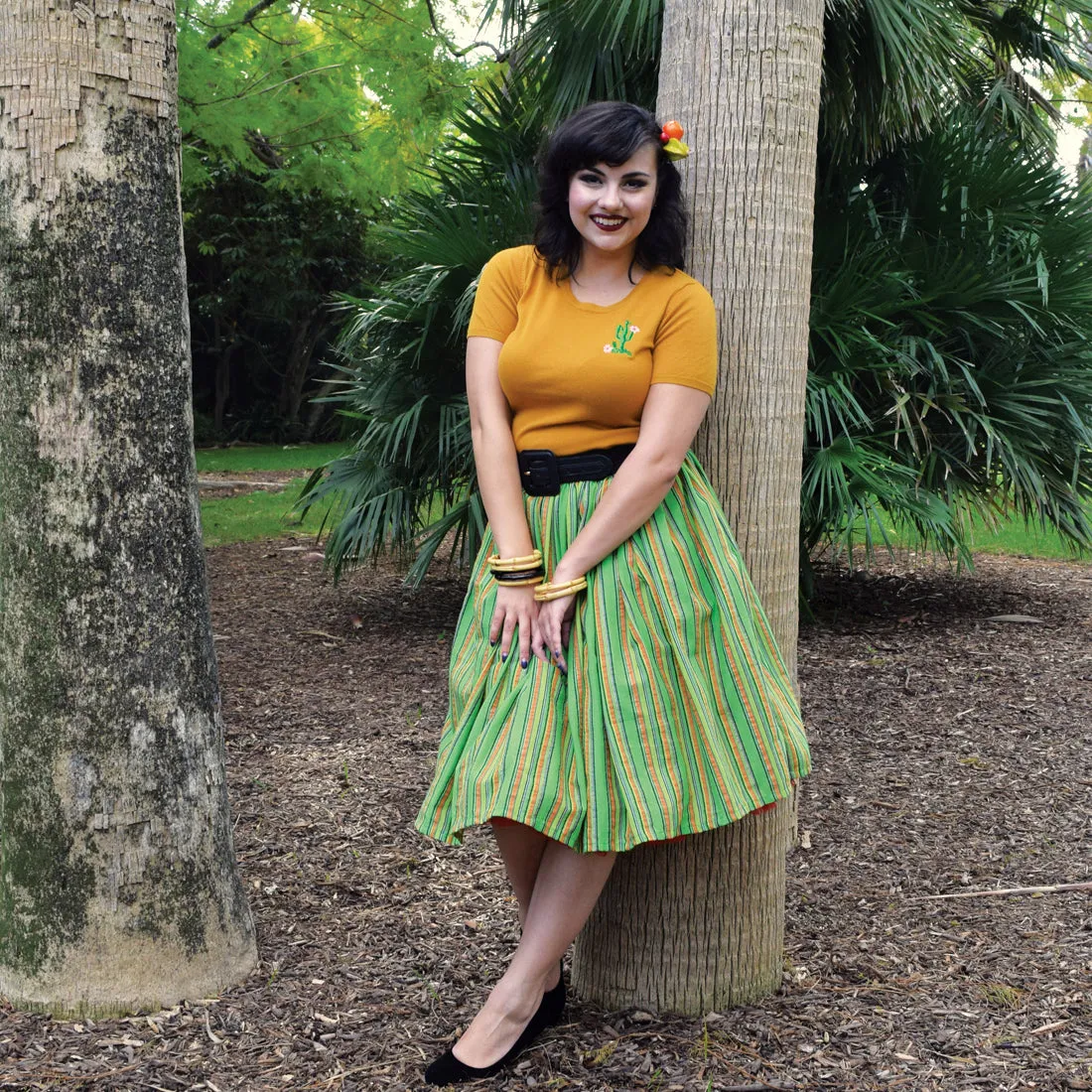 "Final Sale" Serape Striped Deluxe Beverly Gathered Skirt in Lime Green