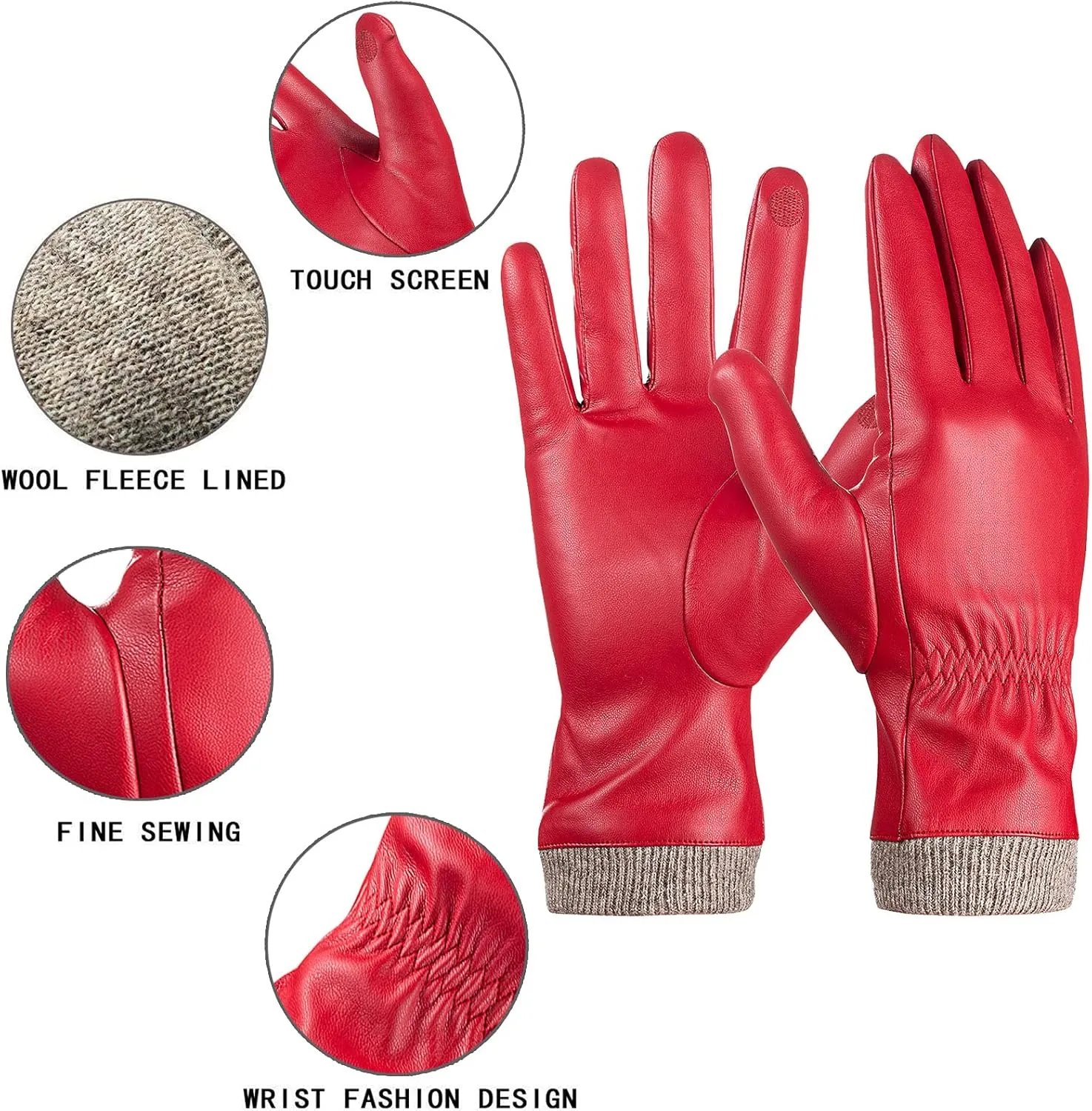 REDESS Winter Leather Gloves for Women, Wool Fleece Lined Warm Gloves, Touchscreen Texting Thick Thermal Snow Driving Gloves