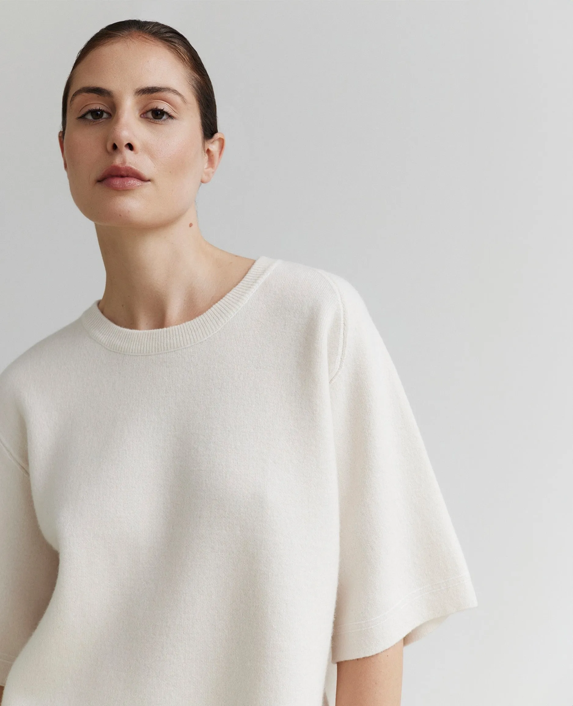 Rundhals Pullover aus Cashmere-Mischung in Creme