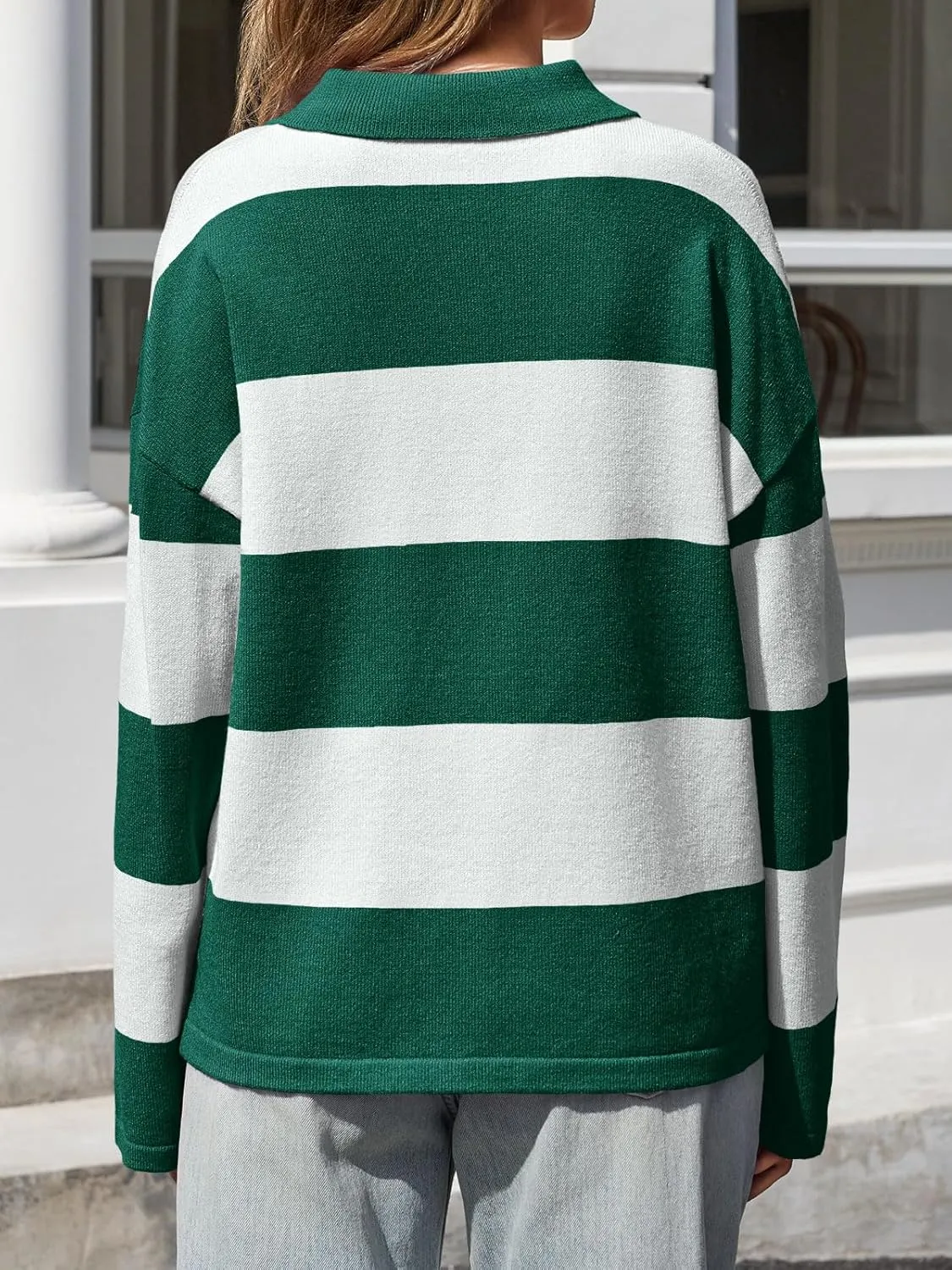 Saodimallsu Womens Striped Collared Sweaters Color Block Polo V Neck Shirts Button Long Sleeve Loose Knit Pullover Tops