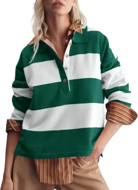 Saodimallsu Womens Striped Collared Sweaters Color Block Polo V Neck Shirts Button Long Sleeve Loose Knit Pullover Tops