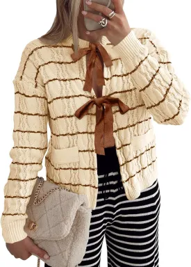 Saodimallsu Womens Striped Tie Front Cardigan Sweaters Crew Neck Long Sleeve Cable Knit Bow Knot Trendy Sweater Tops
