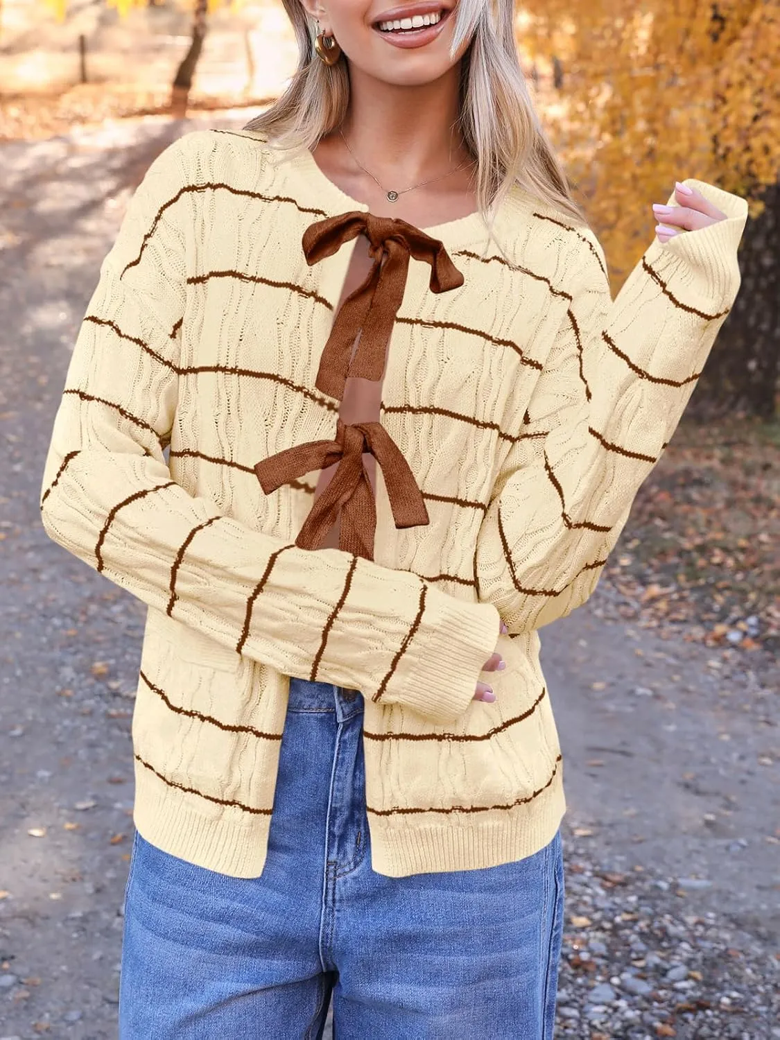 Saodimallsu Womens Striped Tie Front Cardigan Sweaters Crew Neck Long Sleeve Cable Knit Bow Knot Trendy Sweater Tops