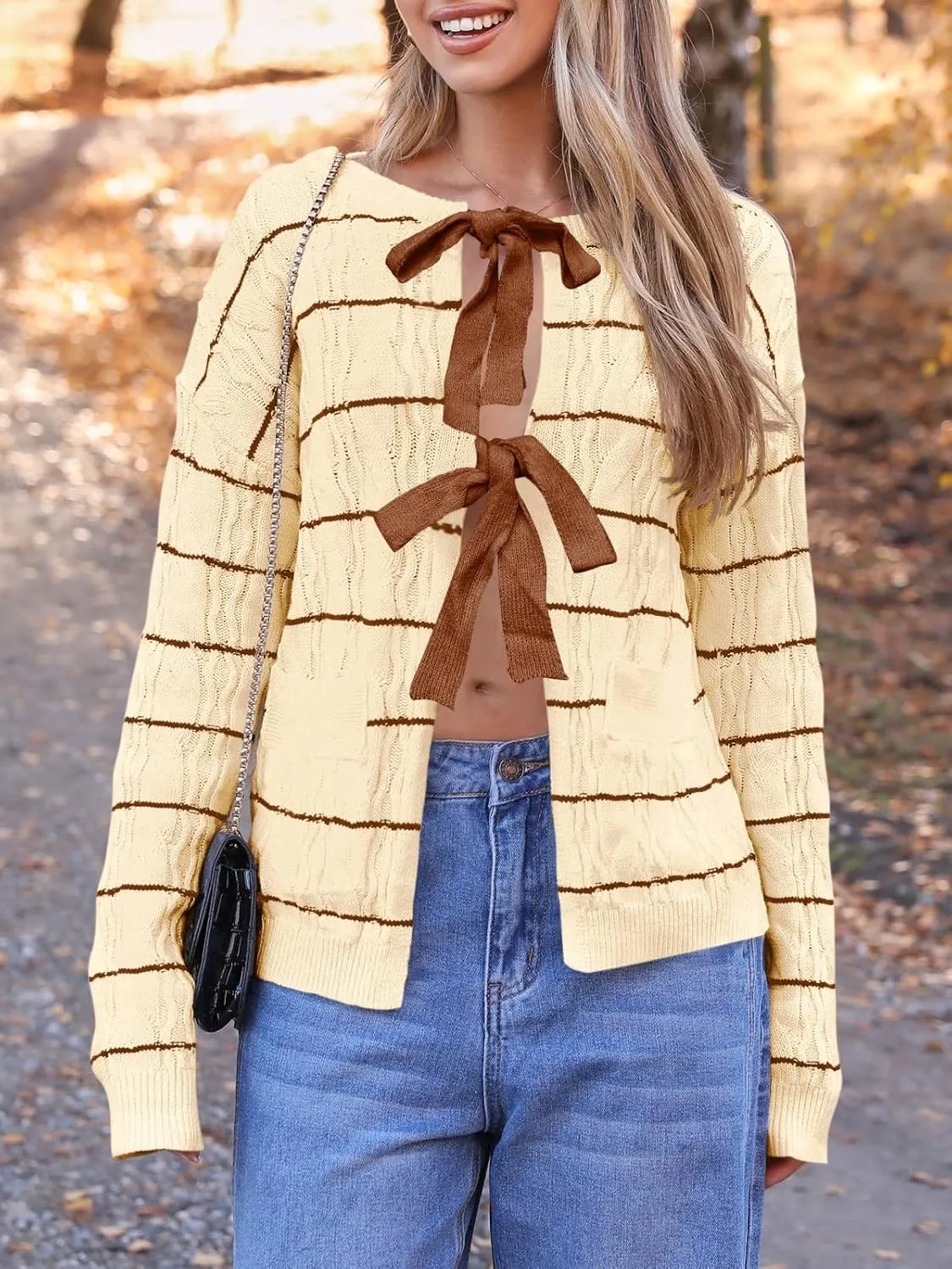 Saodimallsu Womens Striped Tie Front Cardigan Sweaters Crew Neck Long Sleeve Cable Knit Bow Knot Trendy Sweater Tops