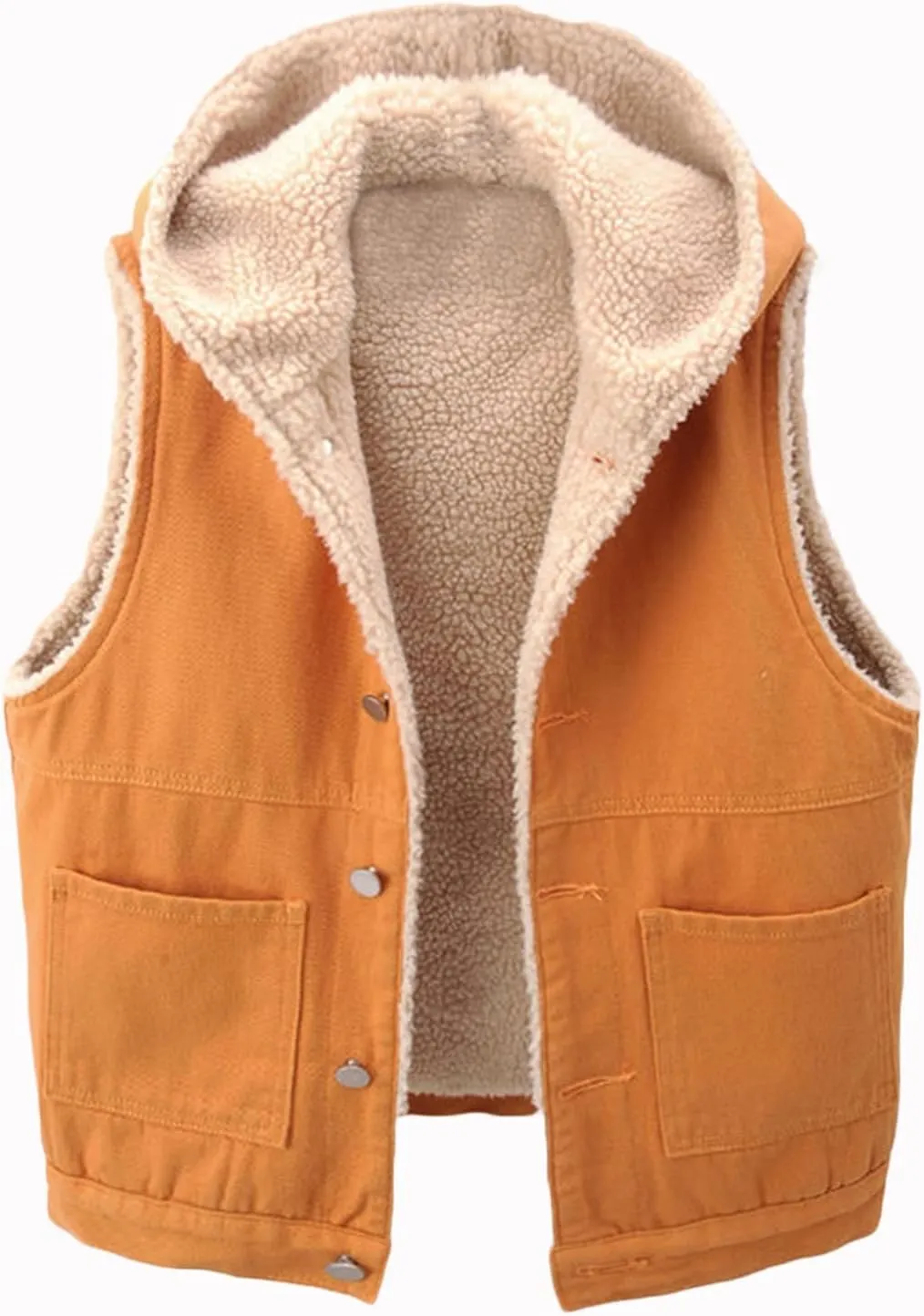 Sherpa Hooded Denim Vest Women Fuzzy Fleece Lined Padded Sleeveless Jacket Winter Thicken Thermal Warm Lamb Jean Gilet