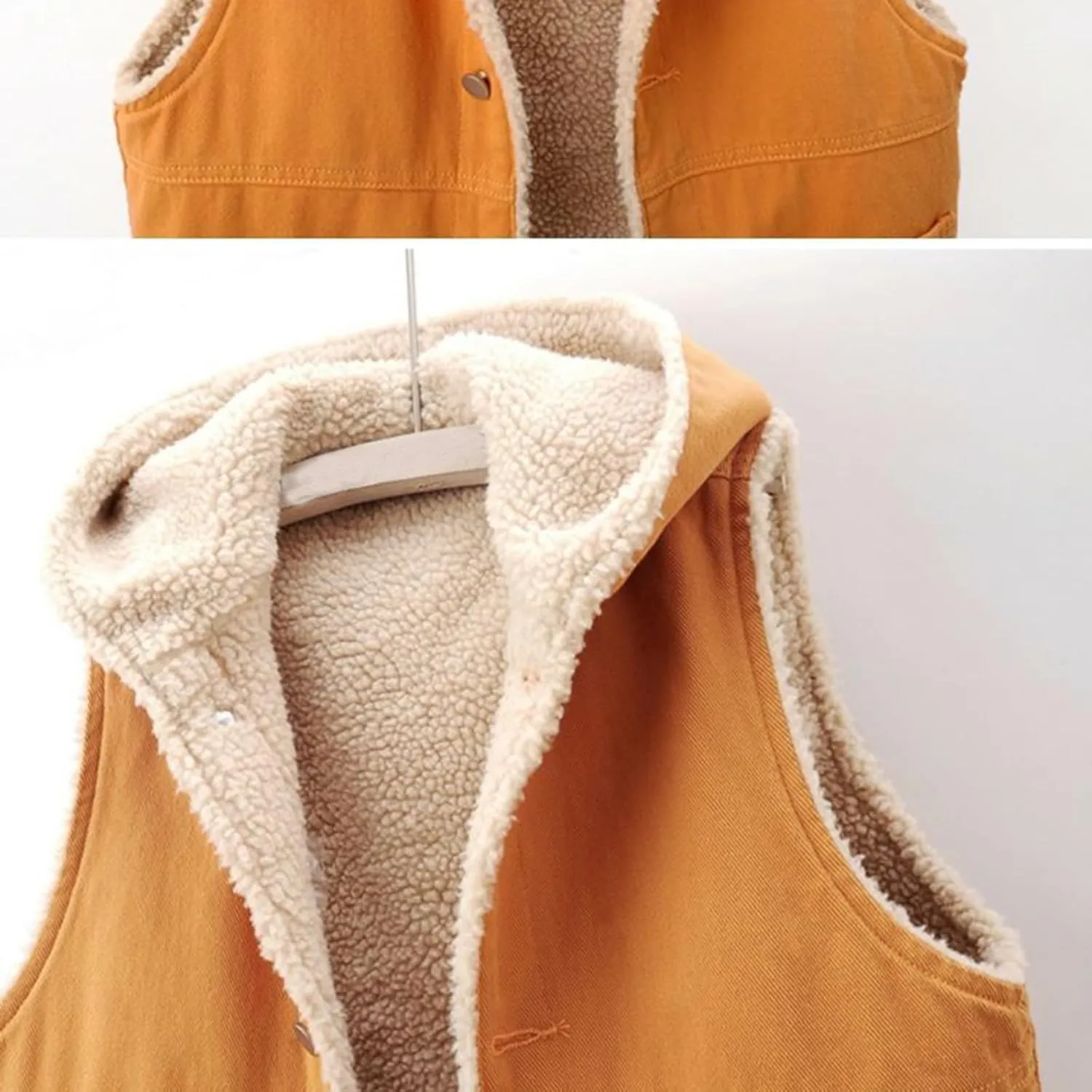 Sherpa Hooded Denim Vest Women Fuzzy Fleece Lined Padded Sleeveless Jacket Winter Thicken Thermal Warm Lamb Jean Gilet