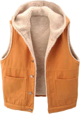 Sherpa Hooded Denim Vest Women Fuzzy Fleece Lined Padded Sleeveless Jacket Winter Thicken Thermal Warm Lamb Jean Gilet