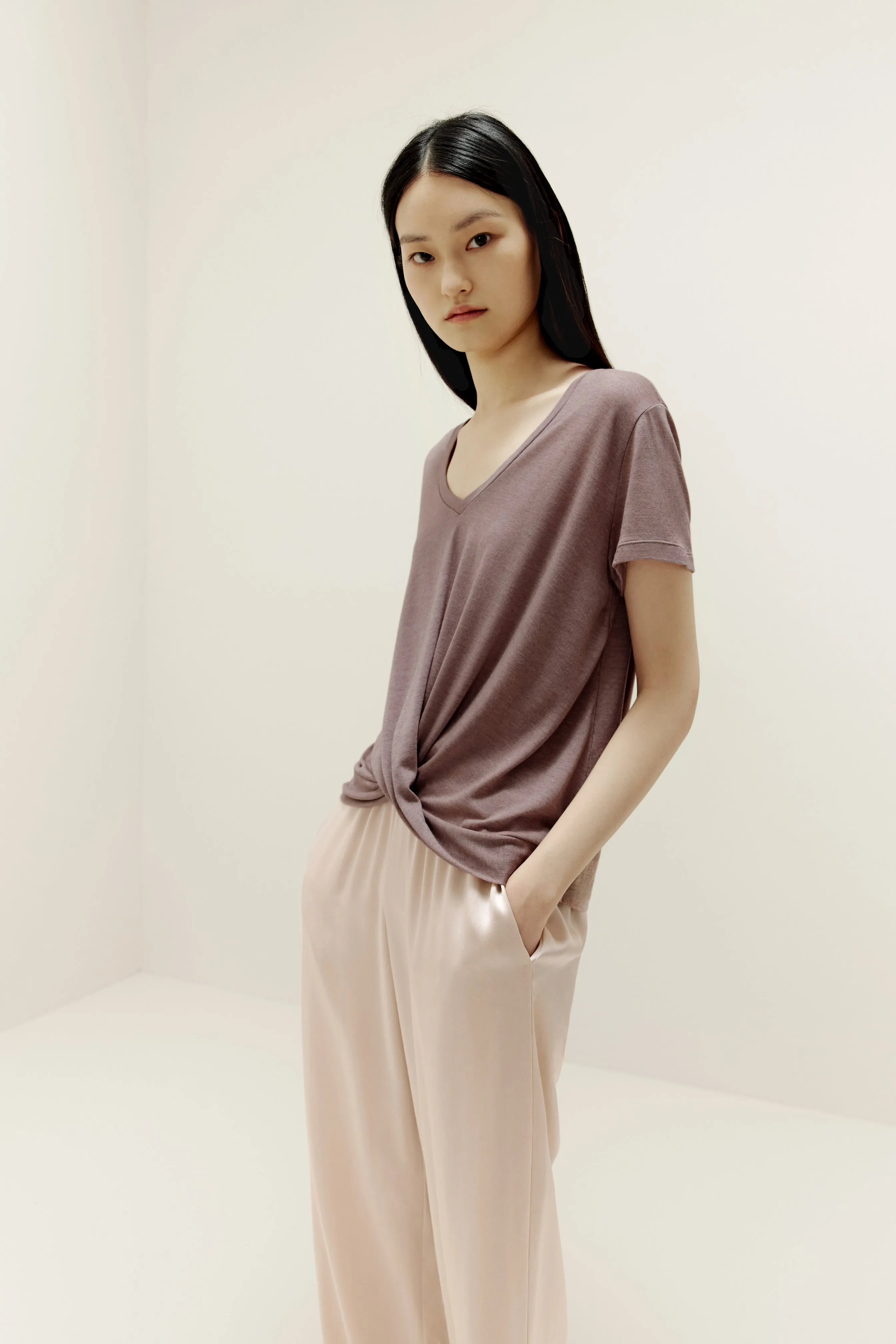 Short Sleeve Drape-Front Sweater