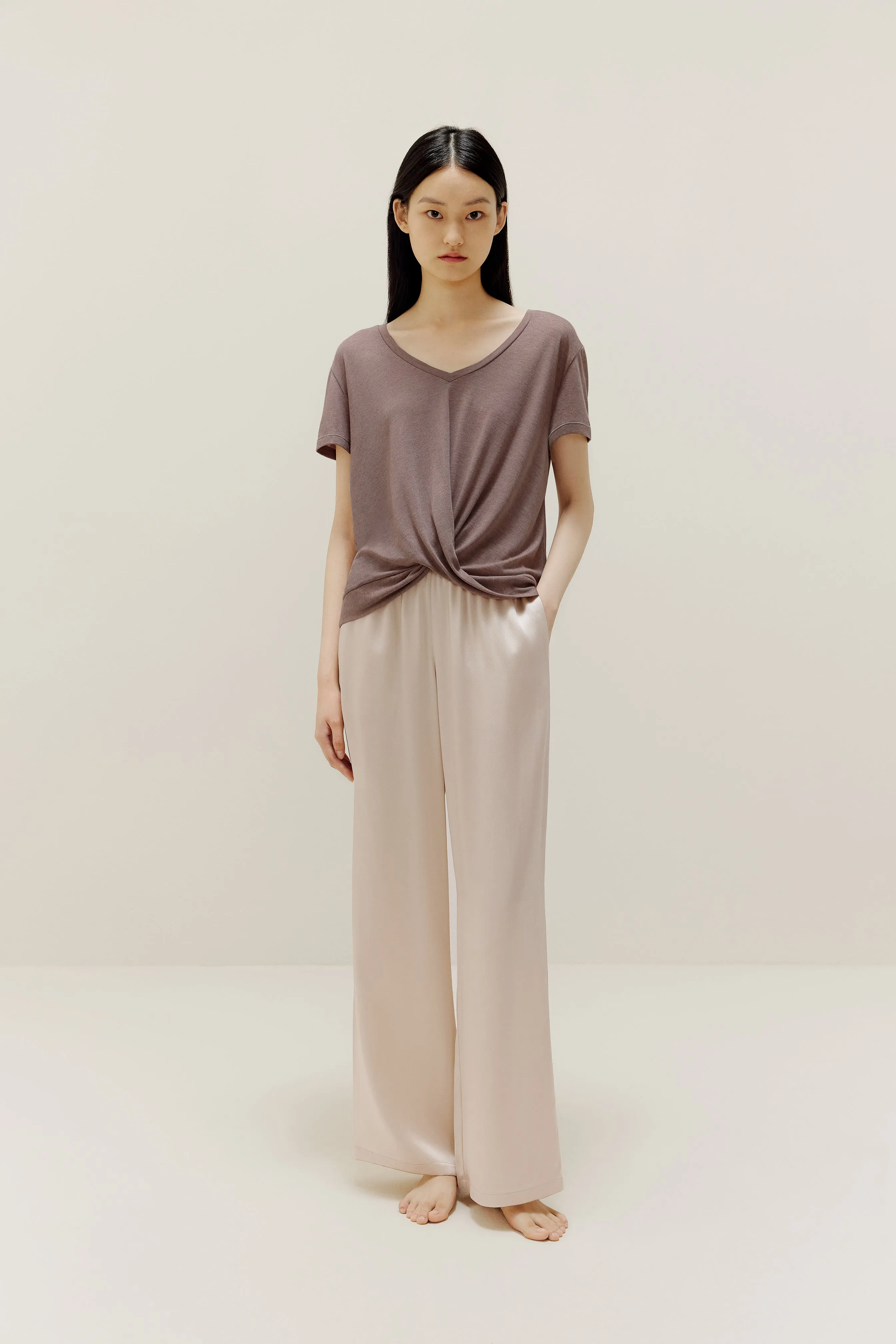 Short Sleeve Drape-Front Sweater