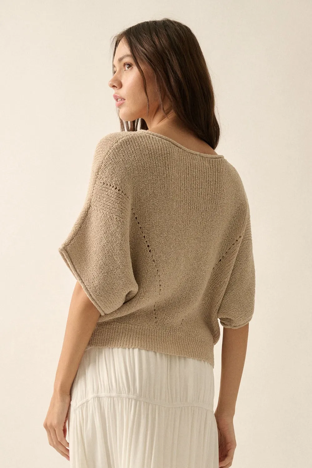 Short-Sleeve Pointelle Ribbed Knit Sweater