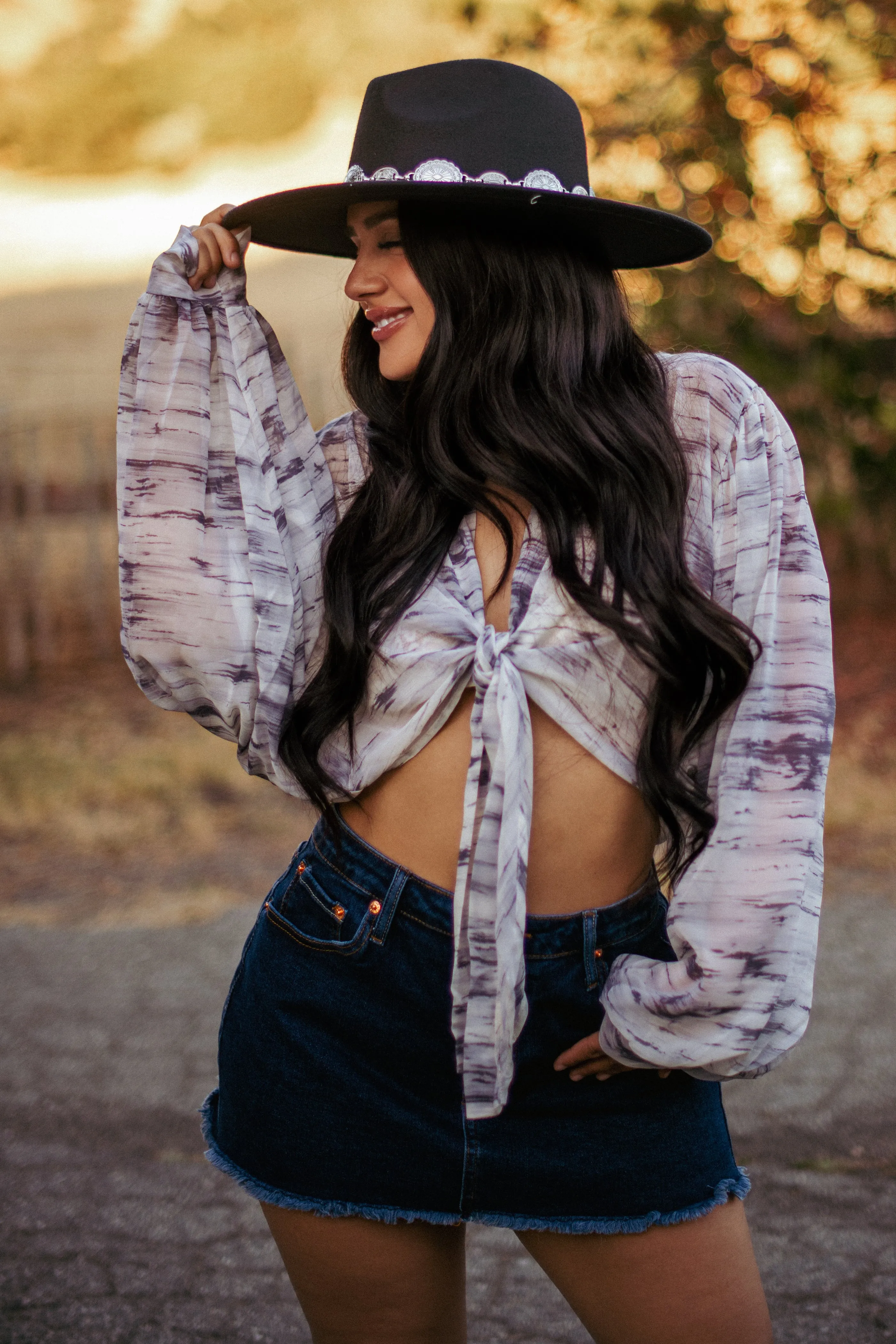 Smoke Show Sheer Long Sleeve Front Tie Top - Gray/White