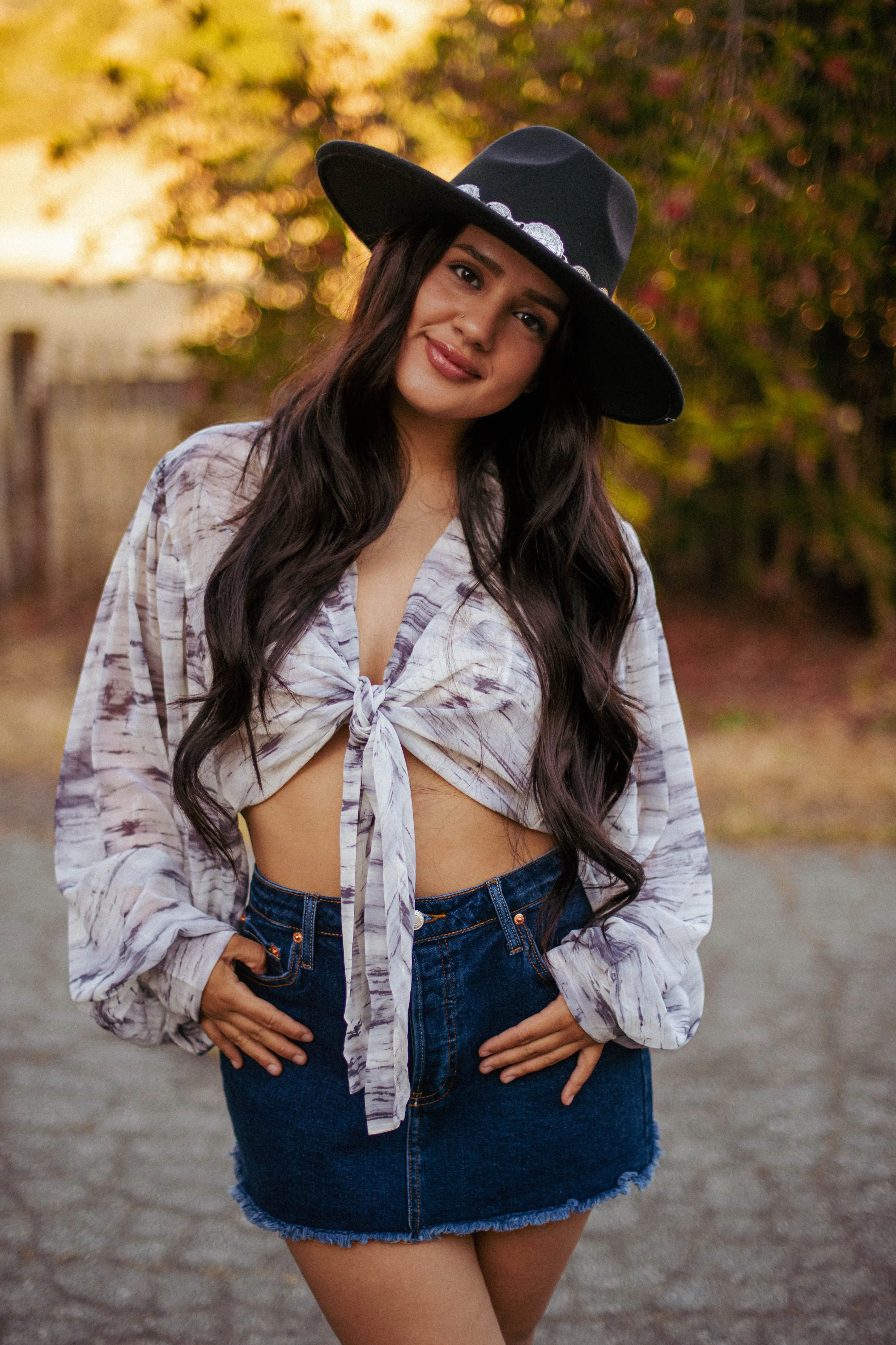 Smoke Show Sheer Long Sleeve Front Tie Top - Gray/White