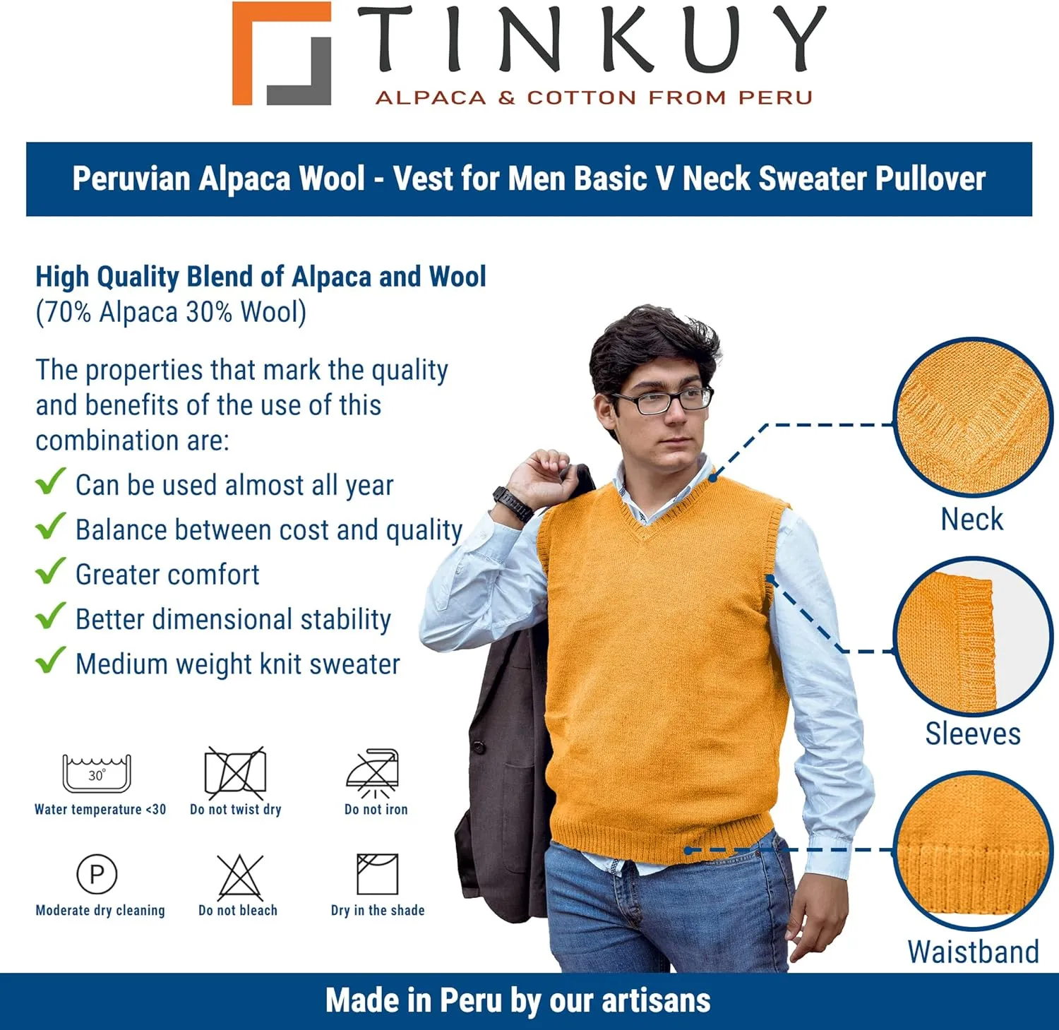 TINKUY Peru Men's Alpaca Wool V Neck Sweater Vest, S-4XL