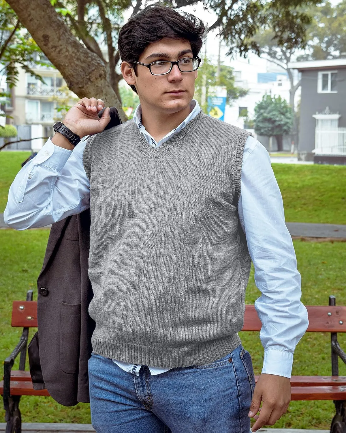 TINKUY Peru Men's Alpaca Wool V Neck Sweater Vest, S-4XL