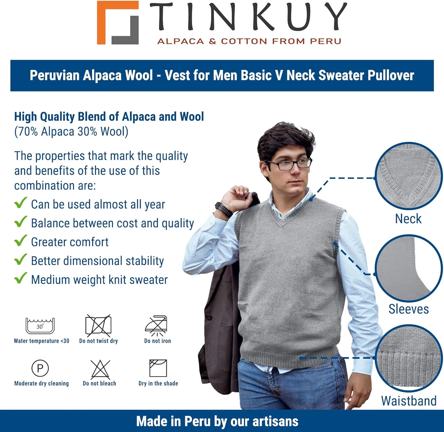 TINKUY Peru Men's Alpaca Wool V Neck Sweater Vest, S-4XL