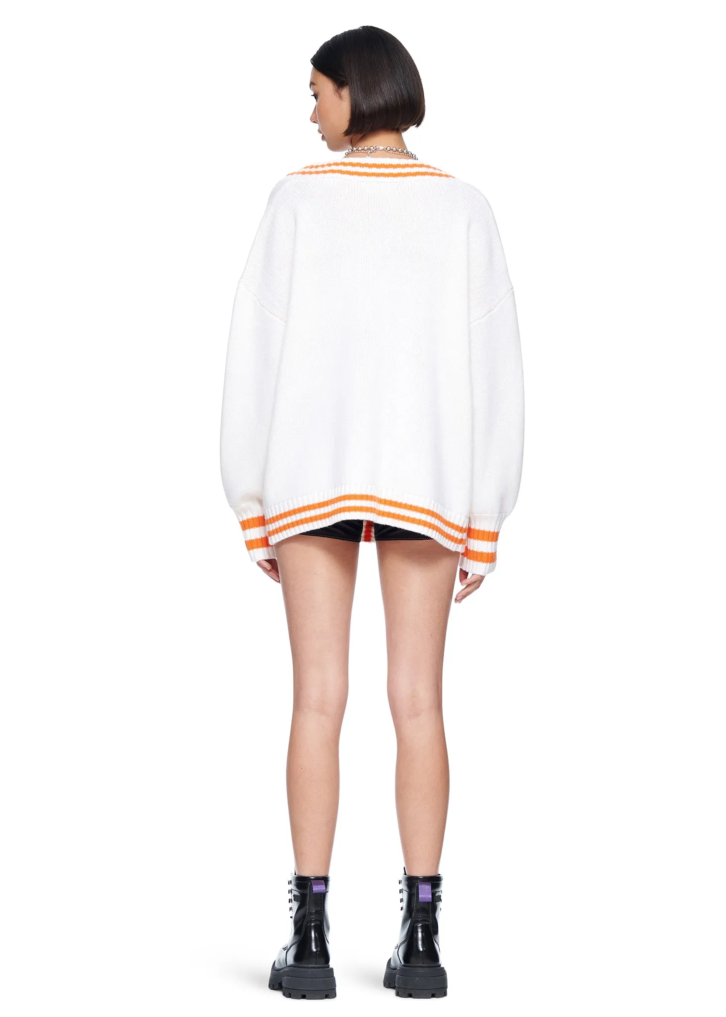 VIAVIA The Striped Oversized Cashmere Cardigan Sweater in Egret and Orange Peel
