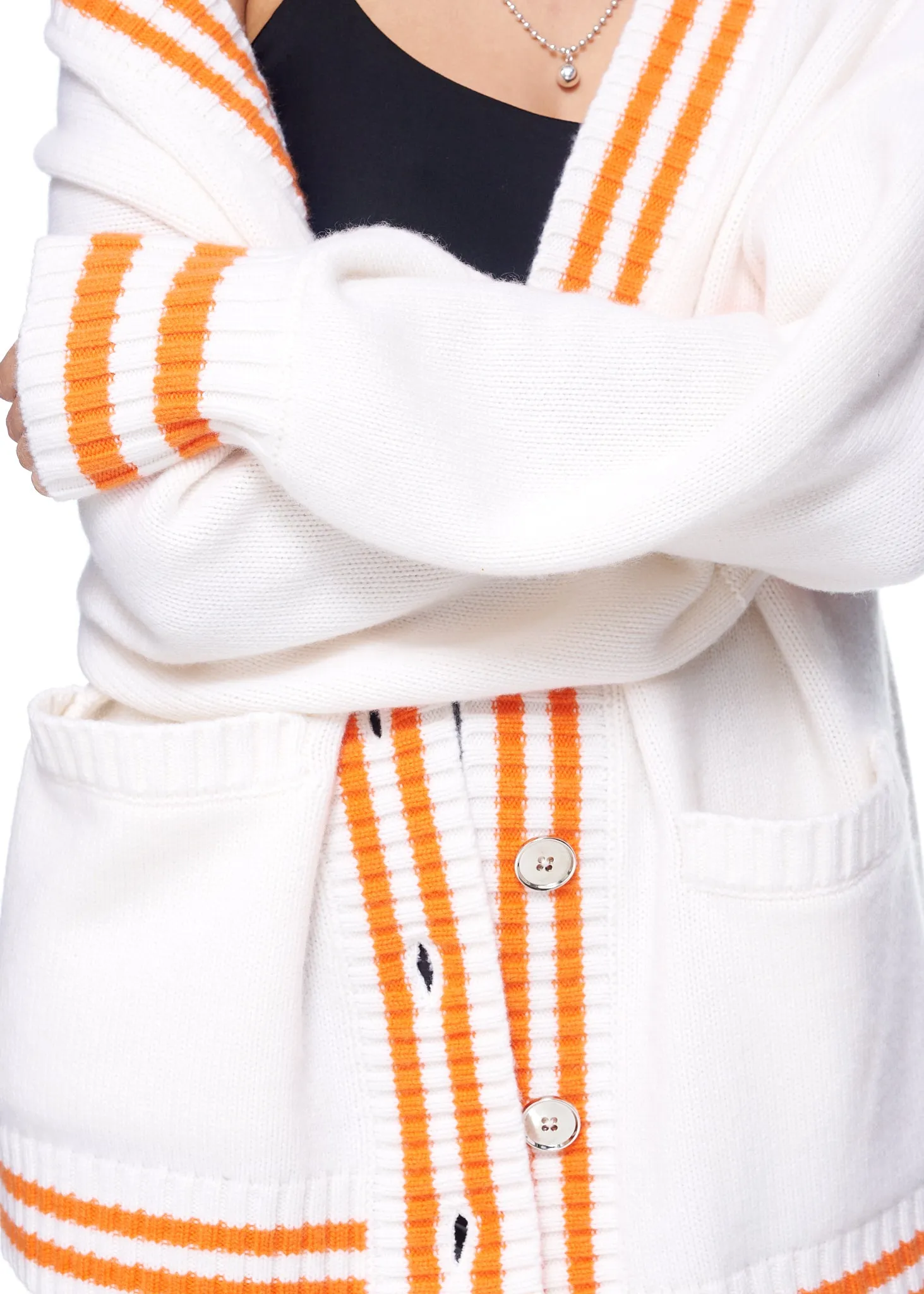VIAVIA The Striped Oversized Cashmere Cardigan Sweater in Egret and Orange Peel