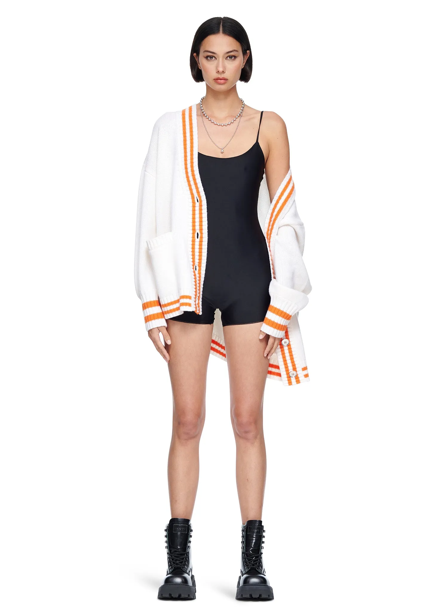 VIAVIA The Striped Oversized Cashmere Cardigan Sweater in Egret and Orange Peel