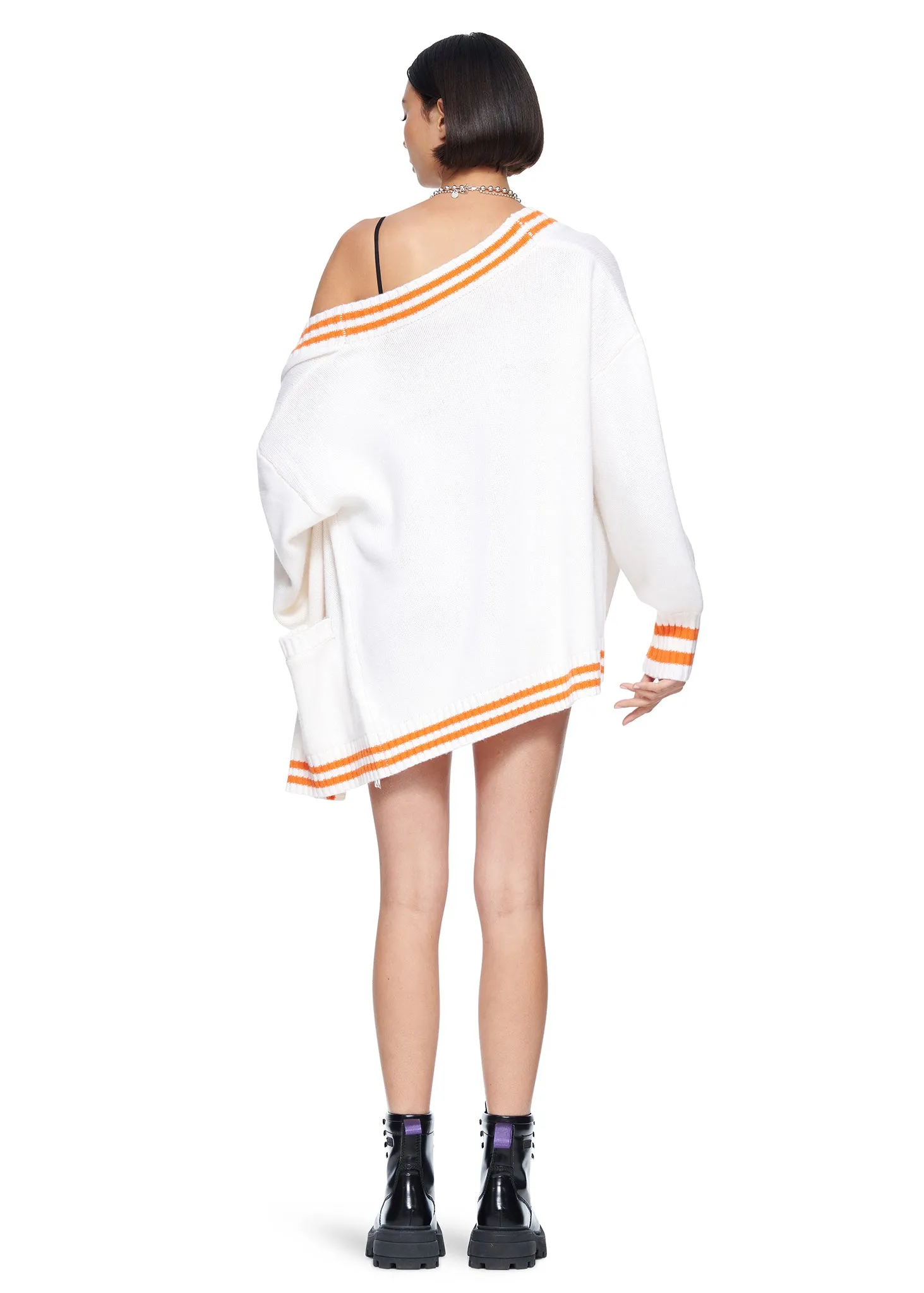 VIAVIA The Striped Oversized Cashmere Cardigan Sweater in Egret and Orange Peel