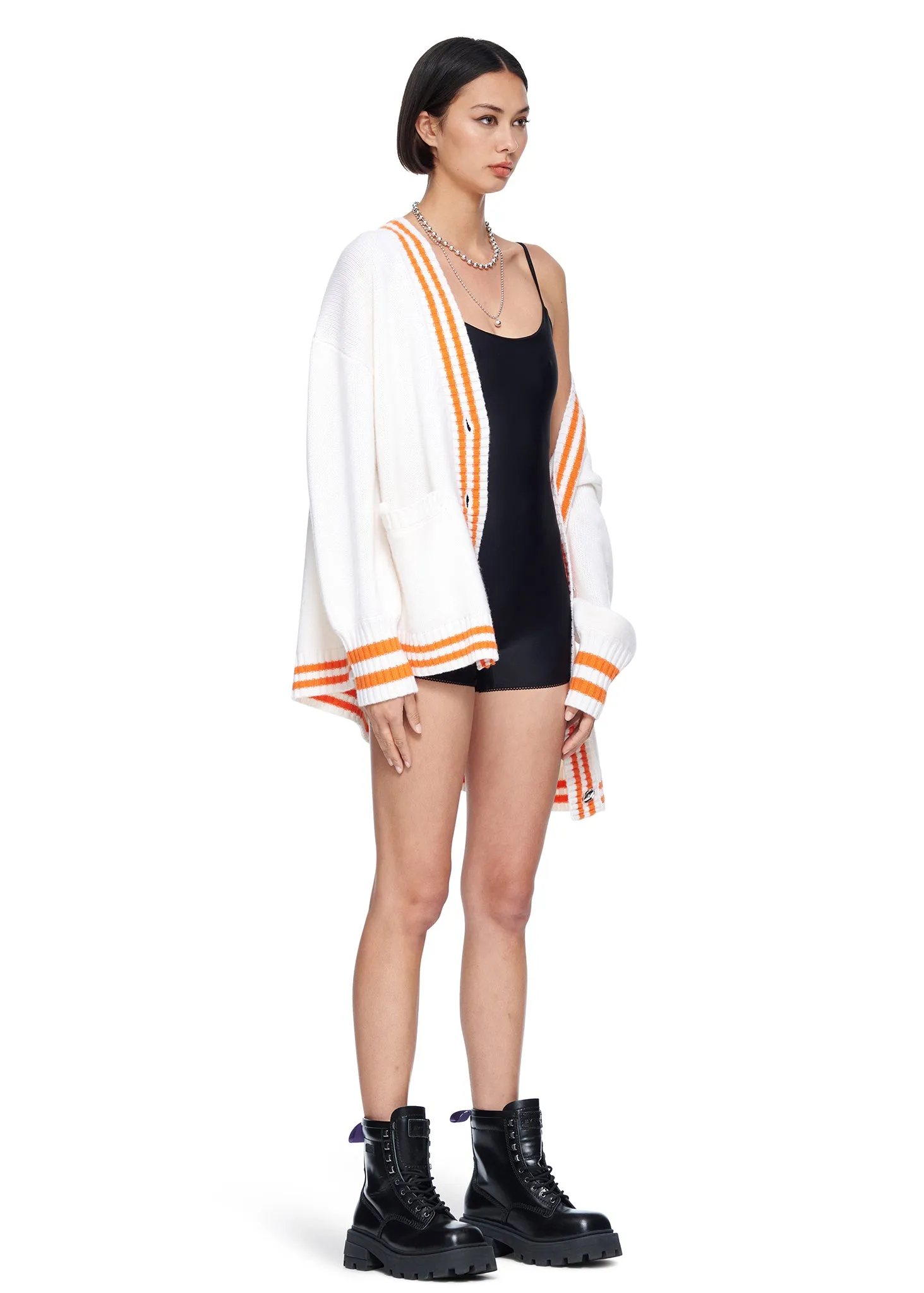 VIAVIA The Striped Oversized Cashmere Cardigan Sweater in Egret and Orange Peel