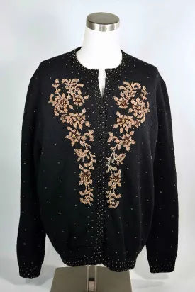 Vintage 50s Black Beaded Cardigan Sweater Size 44