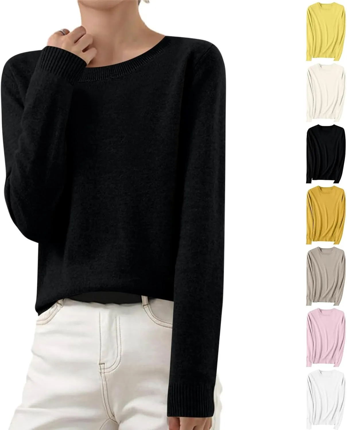 Wkishenl Cashmere Sweaters for Women Long Sleeve Crewneck/V-Neck Knit Pullover Classic Solid Shirts Fall Fashion Clothes 2025