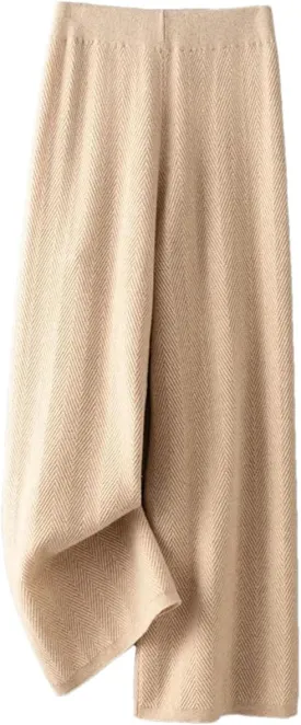 Women Wool Herringbone Pattern Knit Loose Pants Thick Straight Pants Soft Fine Wool Long Trousers