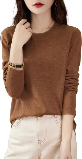 Women's 100% Merino Wool Base Layer Shirt Tops Crewneck Long Sleeve Travel Hiking Tee T Shirt Pullover Sweater