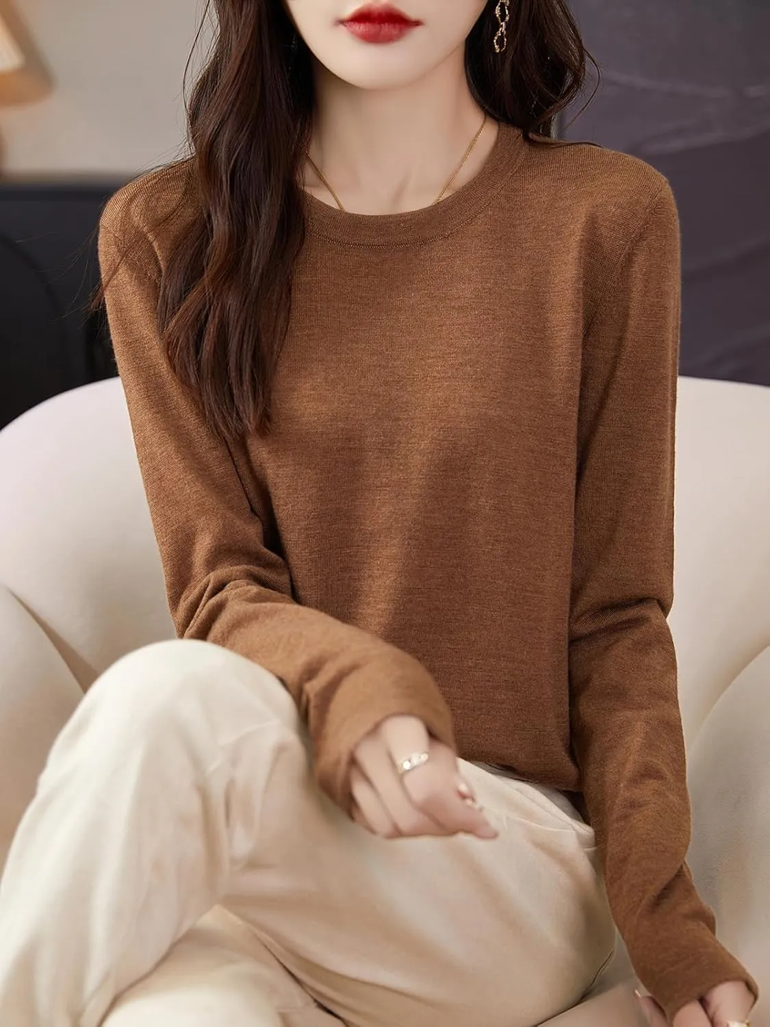 Women's 100% Merino Wool Base Layer Shirt Tops Crewneck Long Sleeve Travel Hiking Tee T Shirt Pullover Sweater