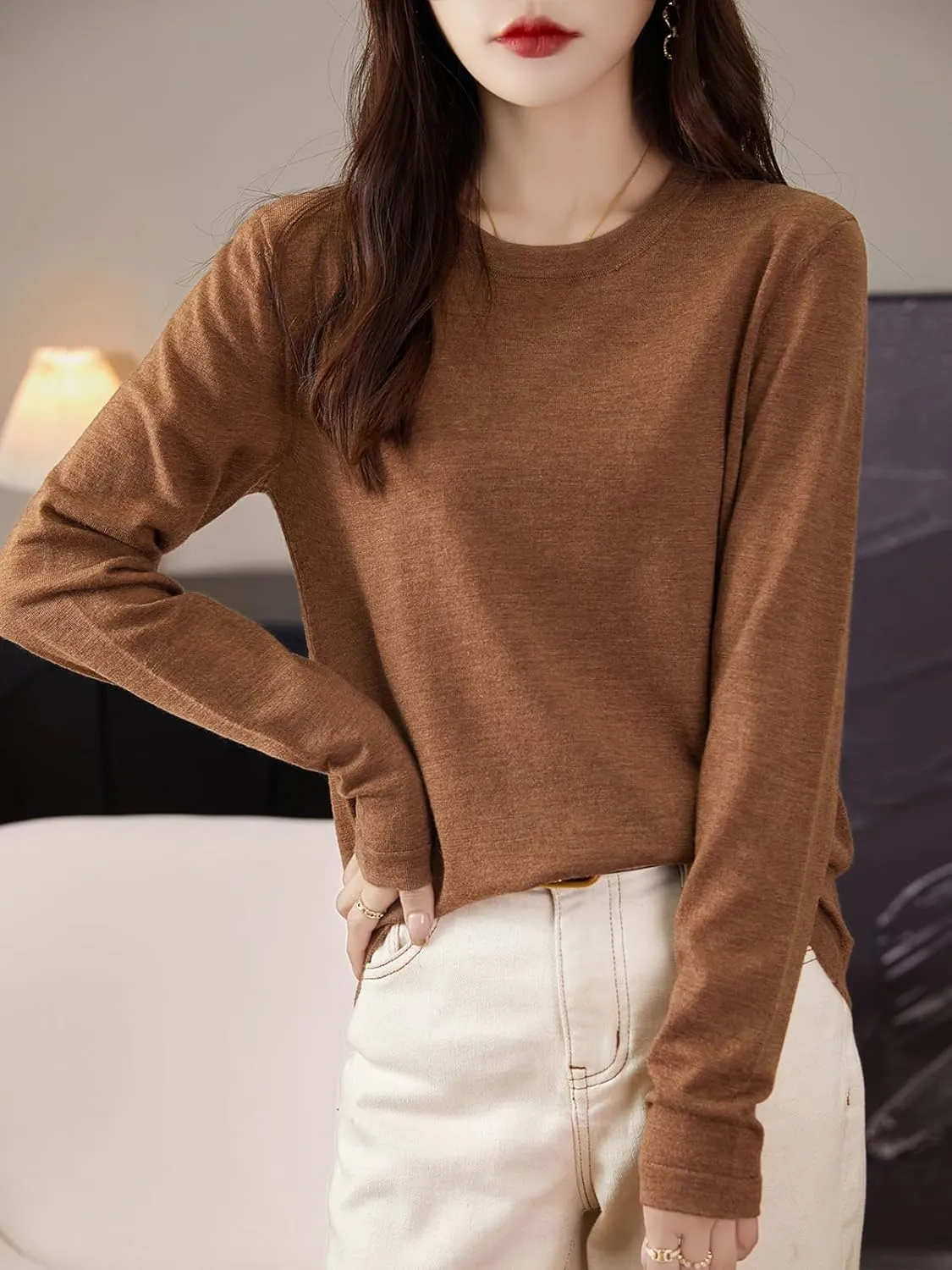Women's 100% Merino Wool Base Layer Shirt Tops Crewneck Long Sleeve Travel Hiking Tee T Shirt Pullover Sweater