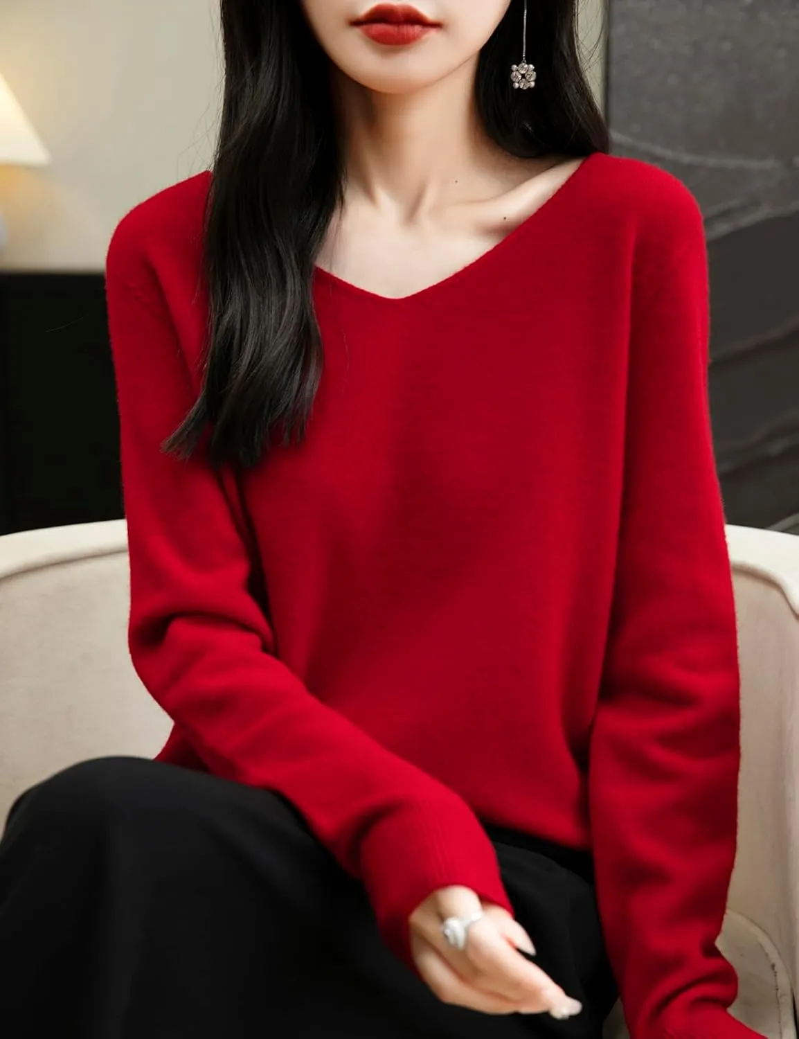 Women's 100% Merino Wool V Neck Sweater 2025 First-Line Ready to Wear Casual Long Sleeve Seamless Knit Sweater