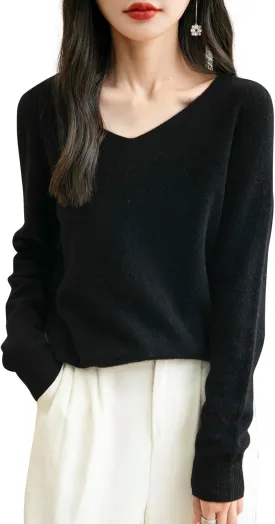 Women's 100% Merino Wool V Neck Sweater 2025 First-Line Ready to Wear Casual Long Sleeve Seamless Knit Sweater