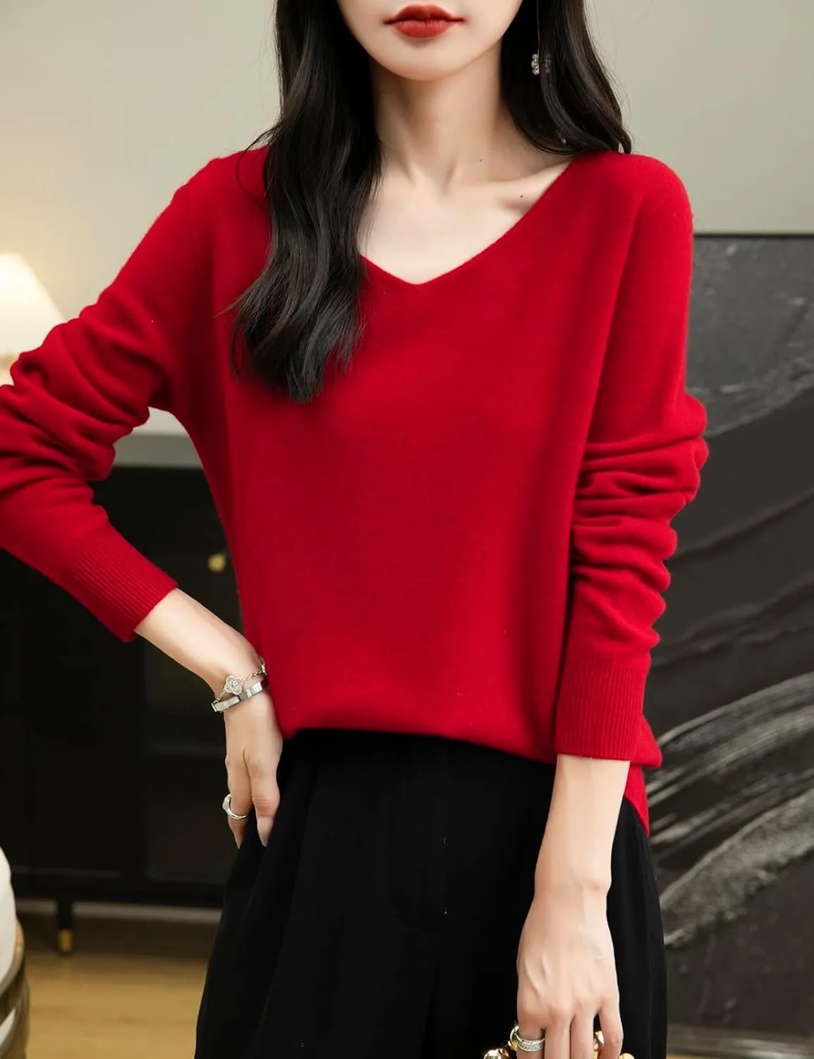 Women's 100% Merino Wool V Neck Sweater 2025 First-Line Ready to Wear Casual Long Sleeve Seamless Knit Sweater