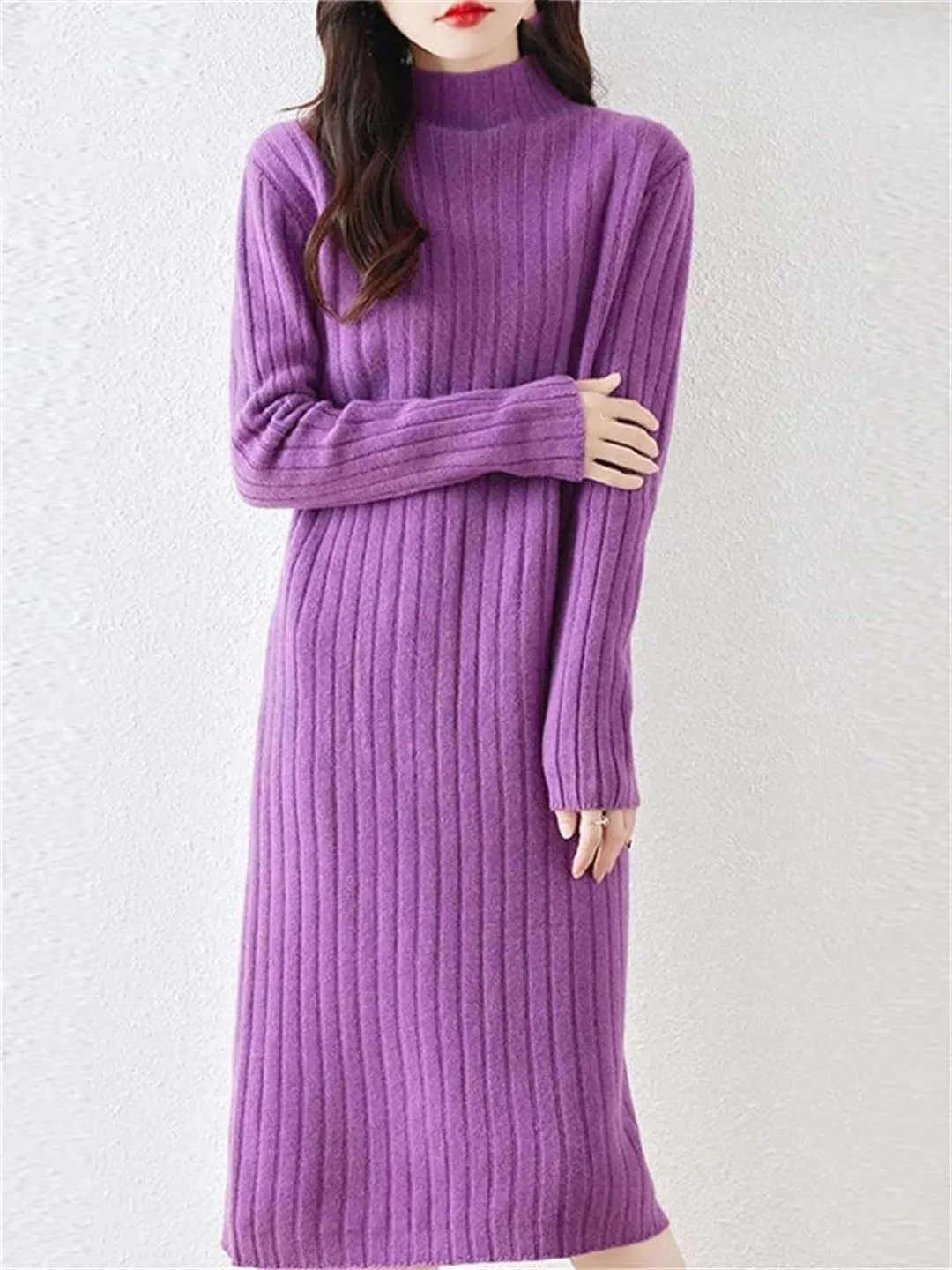 Women's Wool Knit Dress Long Sleeve Turtleneck Solid Straight Midi Sweaters Dresses
