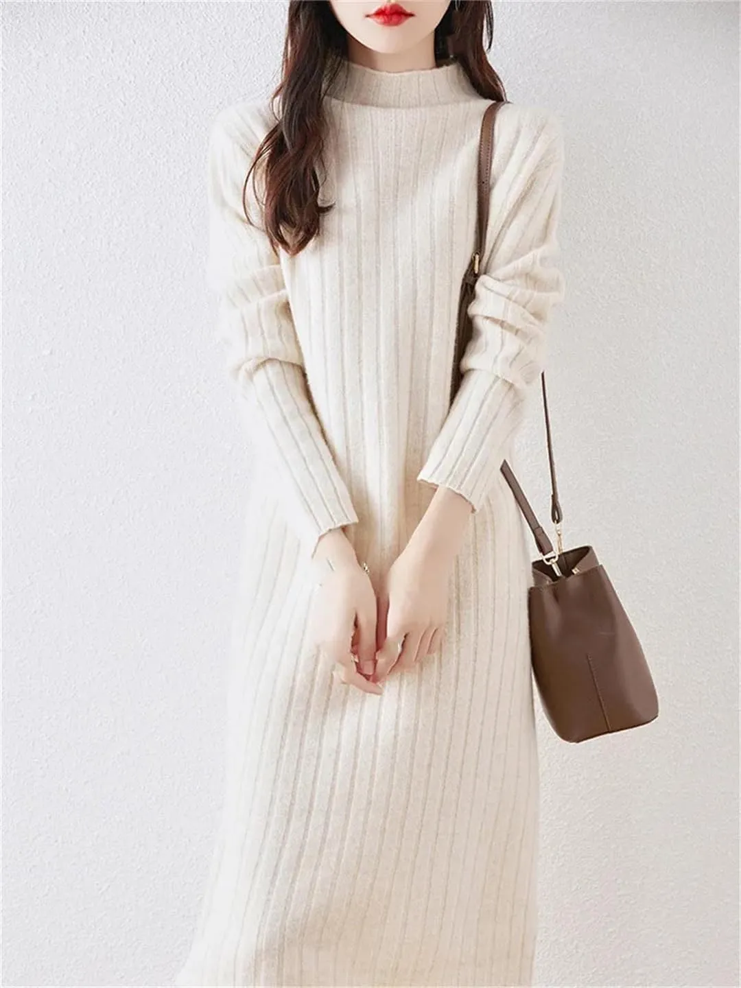 Women's Wool Knit Dress Long Sleeve Turtleneck Solid Straight Midi Sweaters Dresses