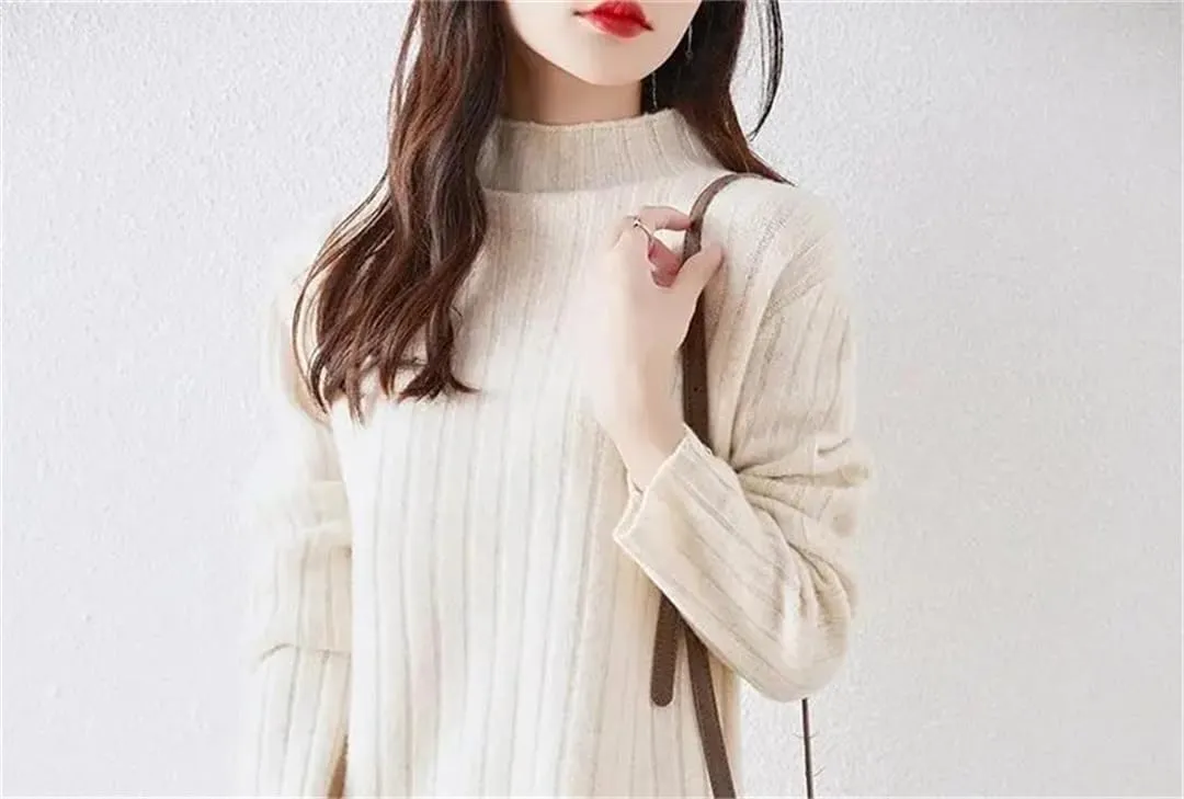 Women's Wool Knit Dress Long Sleeve Turtleneck Solid Straight Midi Sweaters Dresses